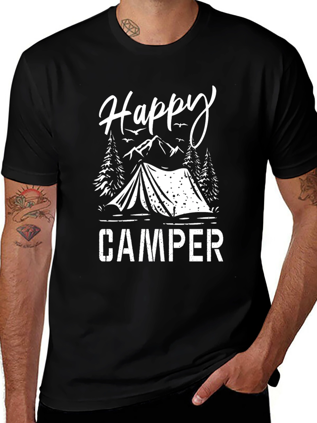 Happy Camper Graphic Tee - Black Cotton Camping Shirt