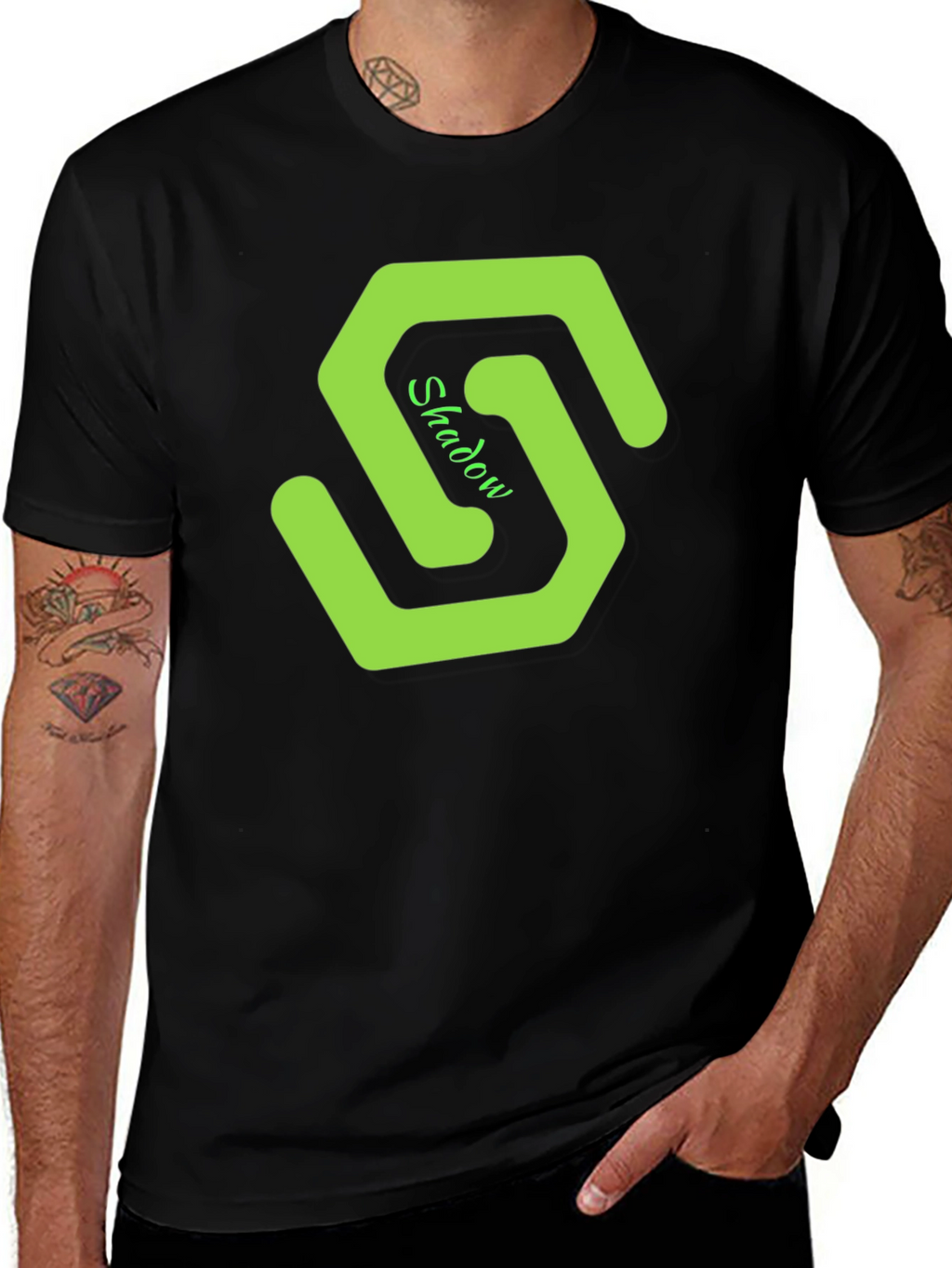 Mens Black T-Shirt with Green Shadow Logo
