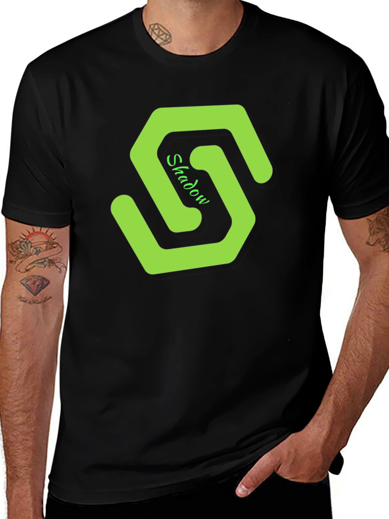 Mens Black T-Shirt with Green Shadow Logo