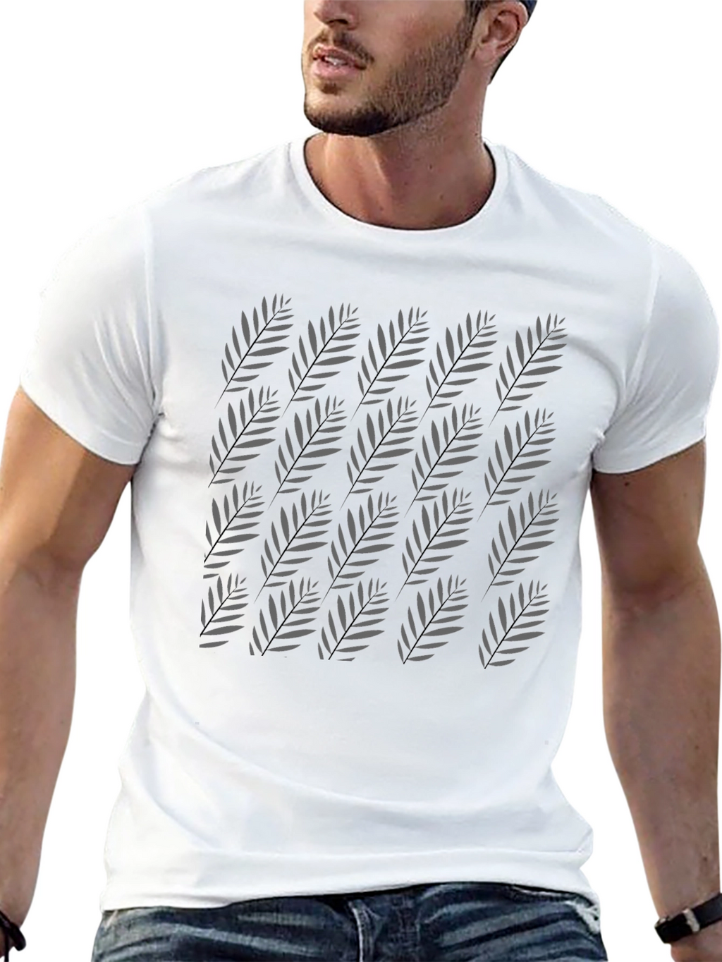Tropical Leaf Pattern Black T-Shirt