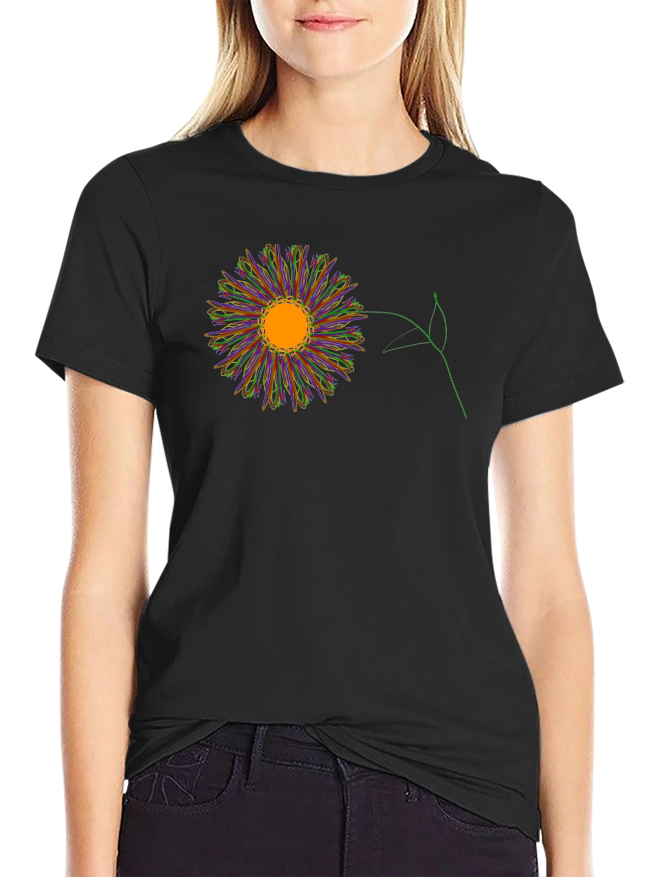 Black T-Shirt with Colorful Flower Graphic