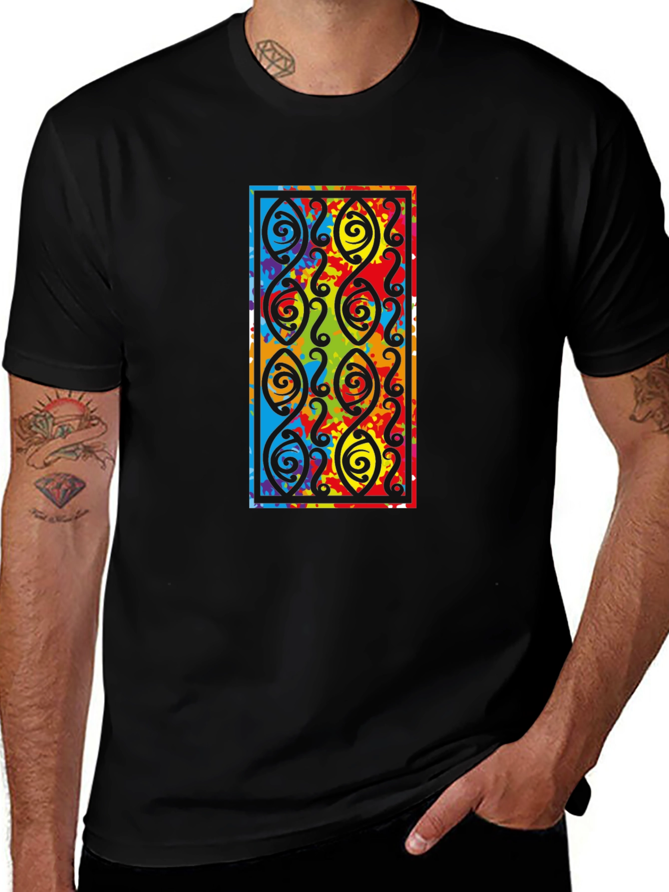 Black Tee with Colorful Abstract Design