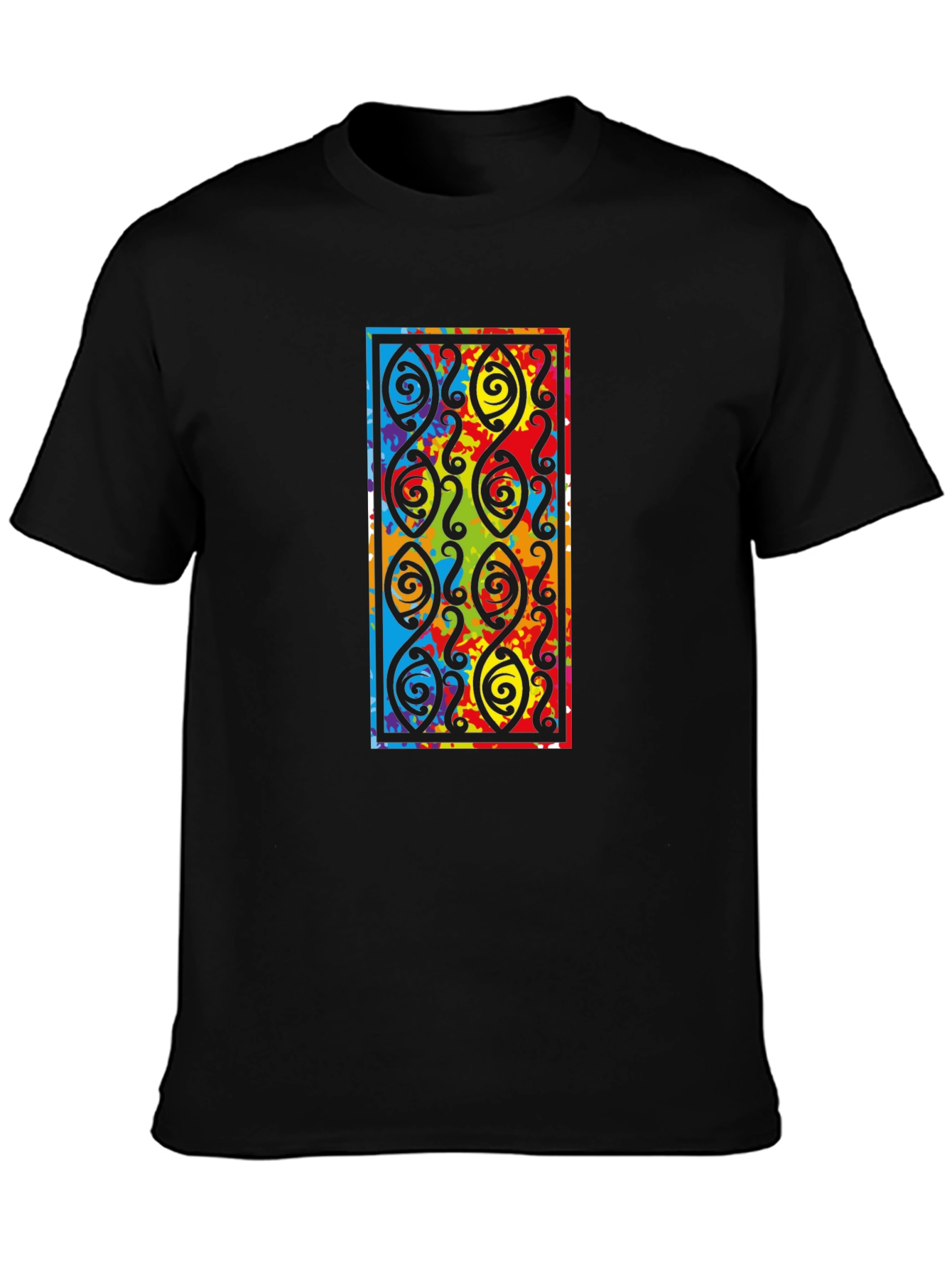 Black Tee with Colorful Abstract Design