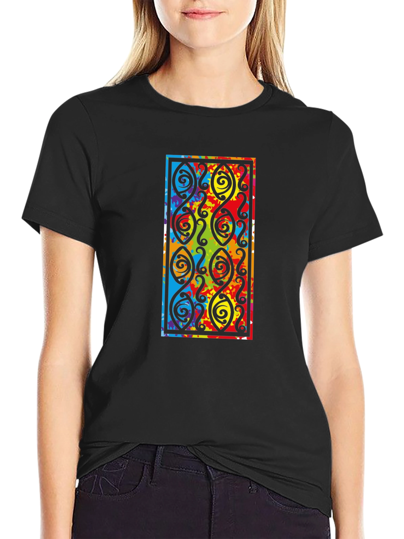 Black Tee with Colorful Abstract Design