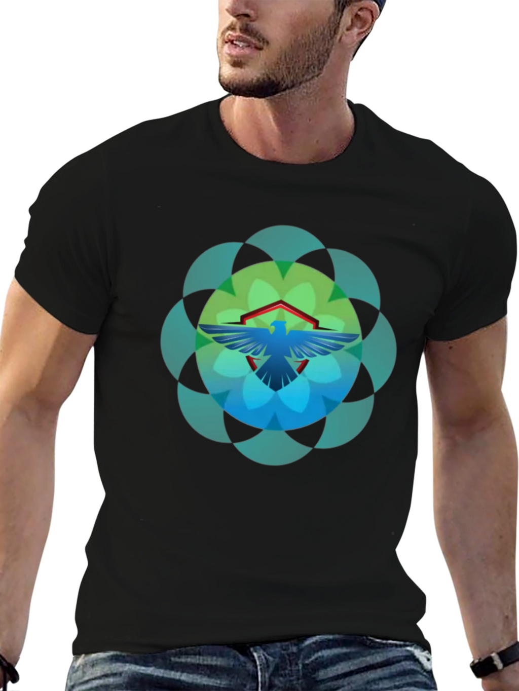 Geometric Bird Graphic T-Shirt - Black