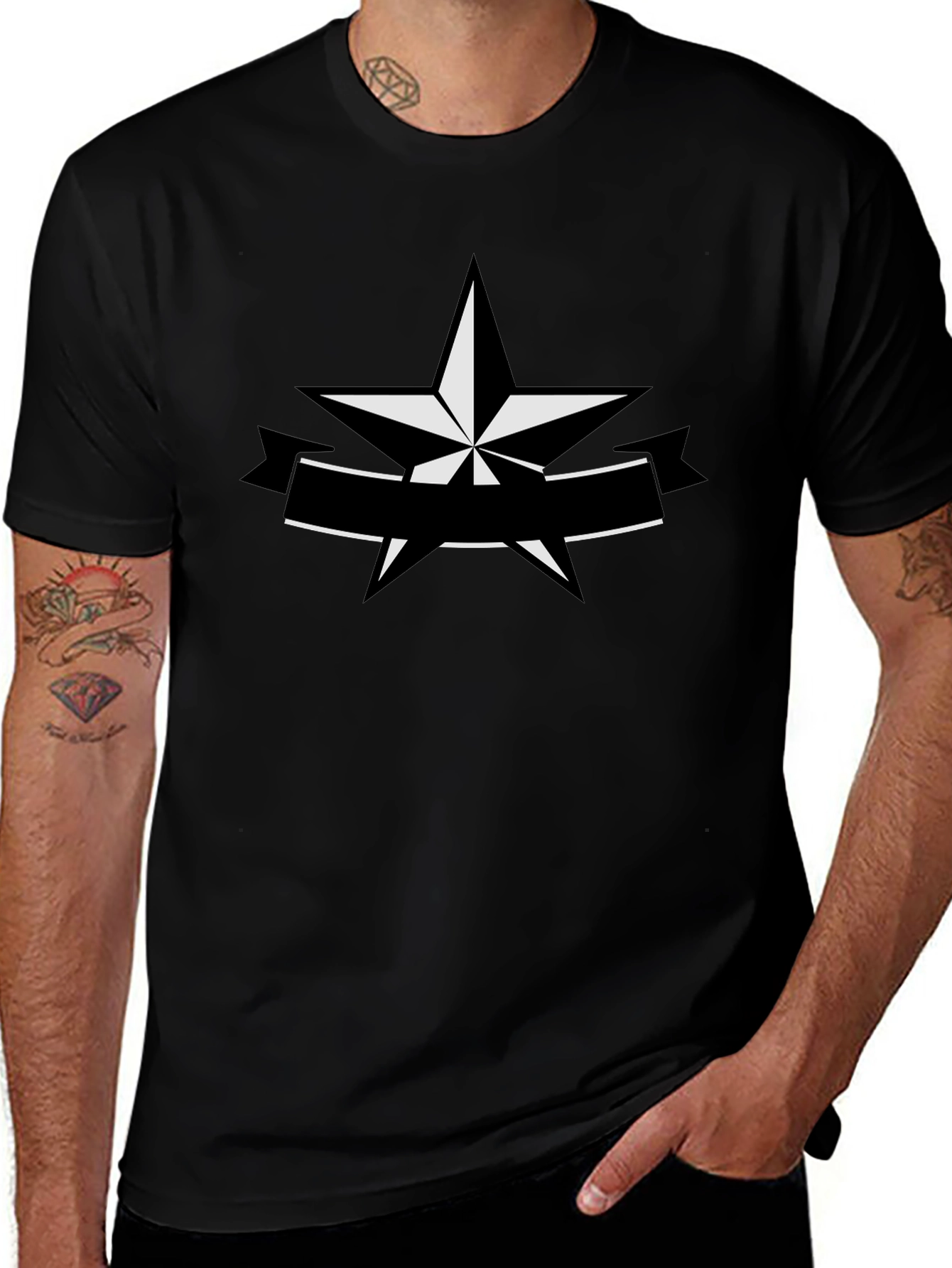 Star Banner Graphic Tee - Black Cotton Casual Shirt