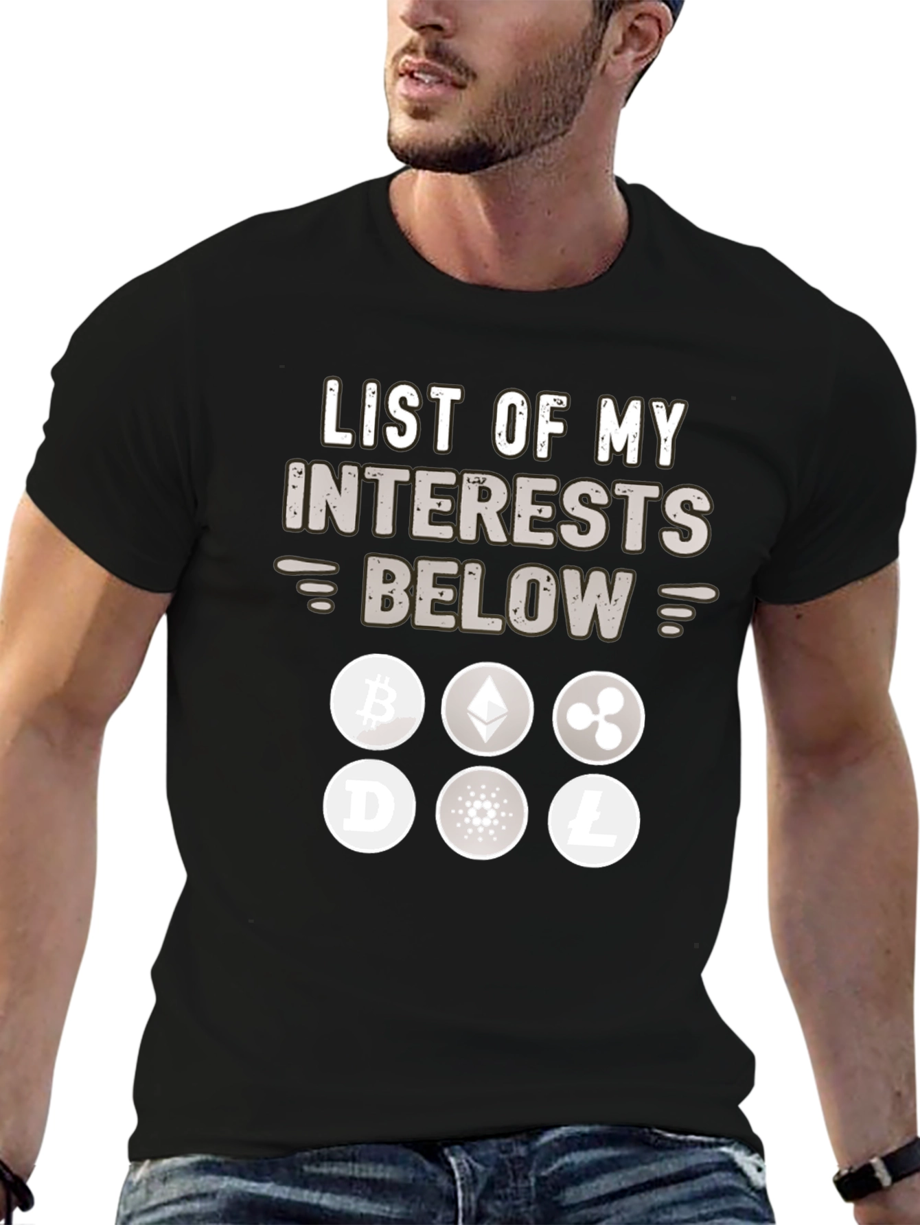 Crypto Interests T-Shirt – Funny Cryptocurrency Graphic Tee