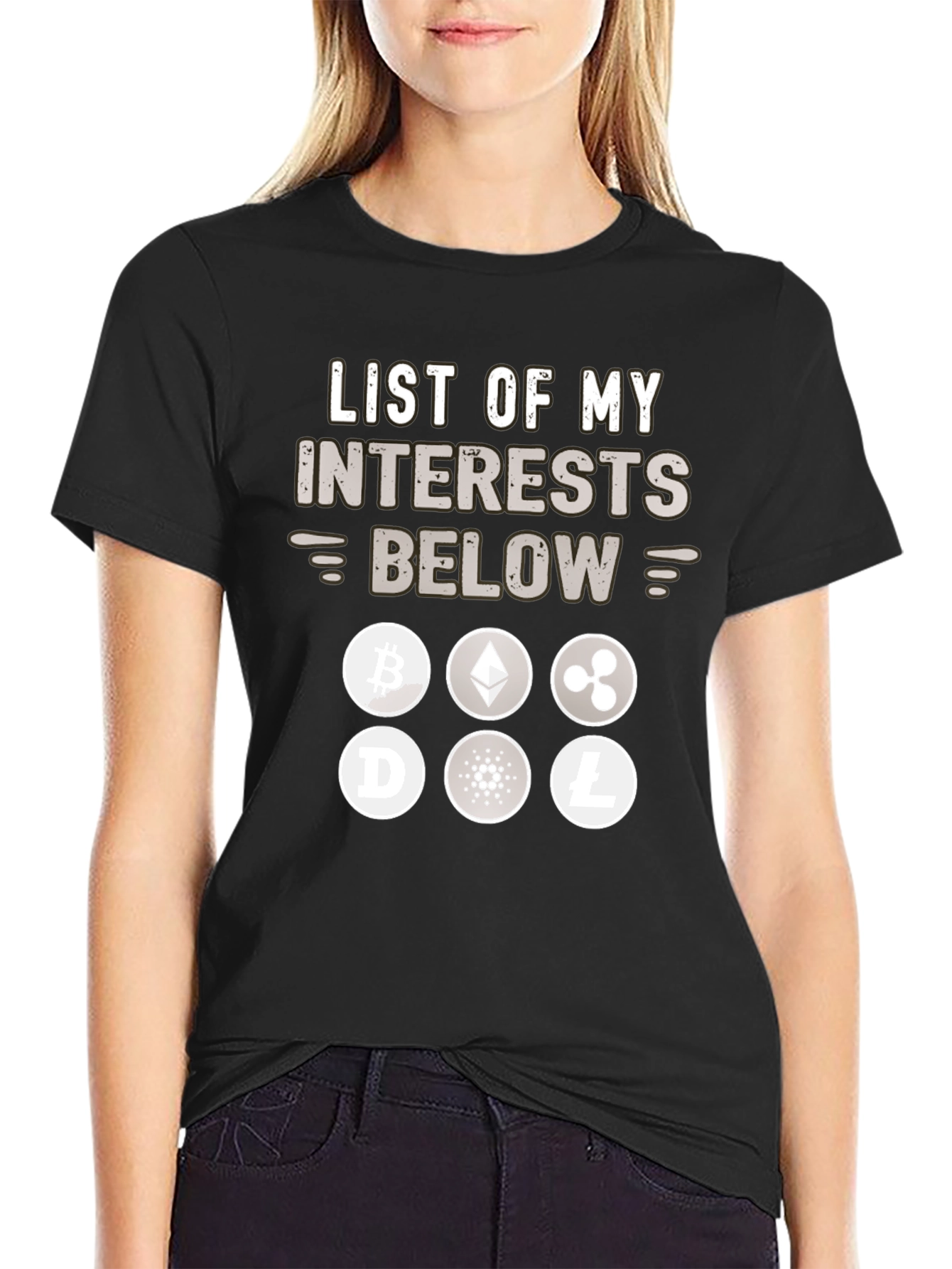 Crypto Interests T-Shirt – Funny Cryptocurrency Graphic Tee