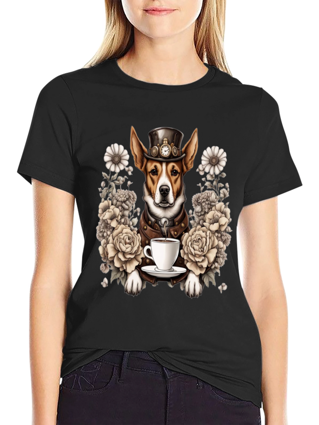 Steampunk Dog T-Shirt with Tea and Roses