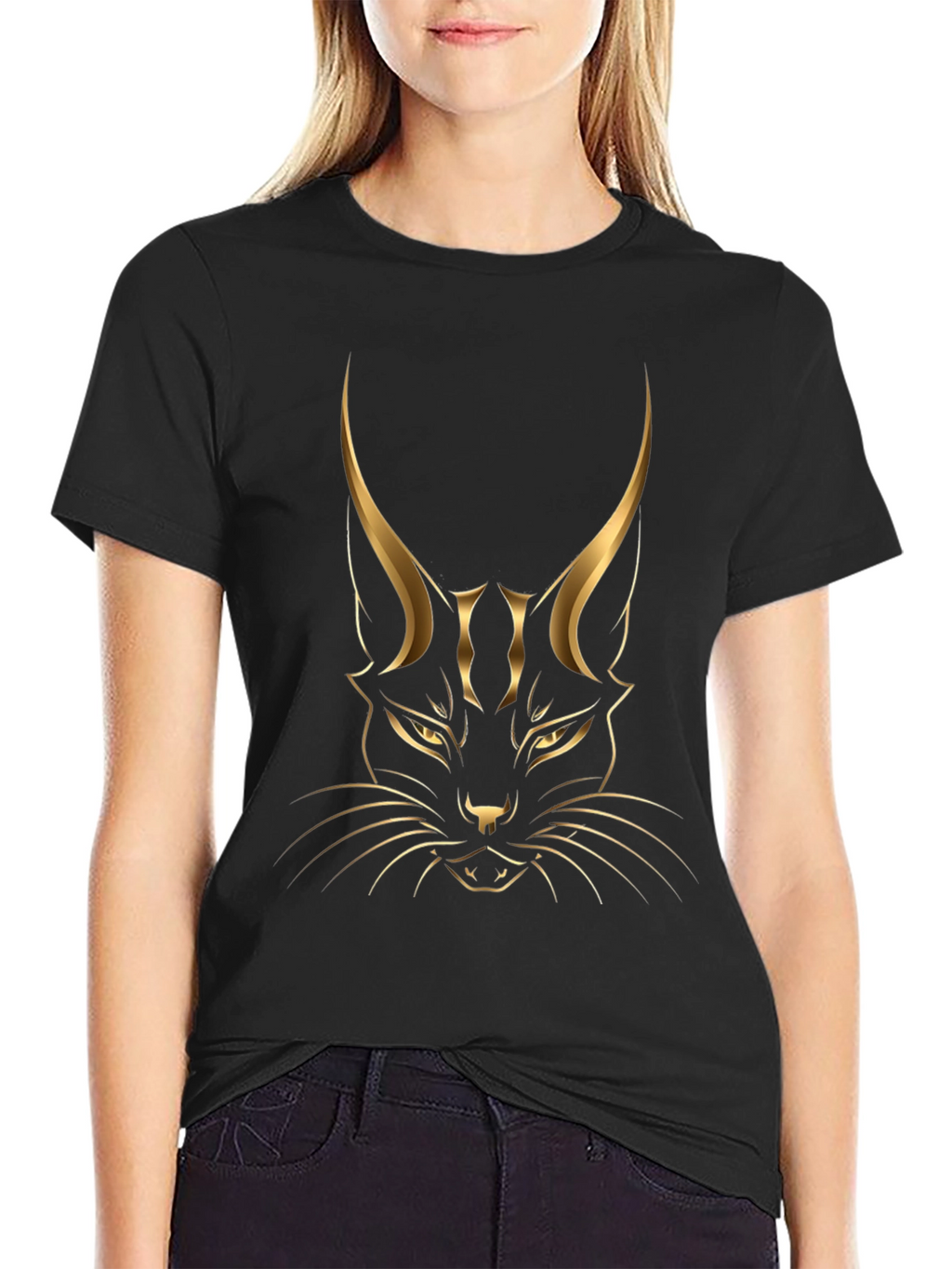 Black T-shirt with Golden Cat Graphic