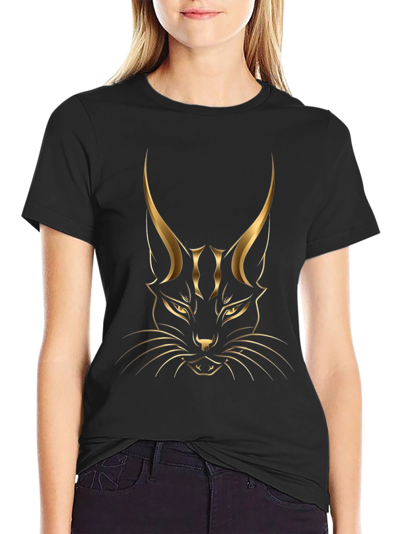 Black T-shirt with Golden Cat Graphic