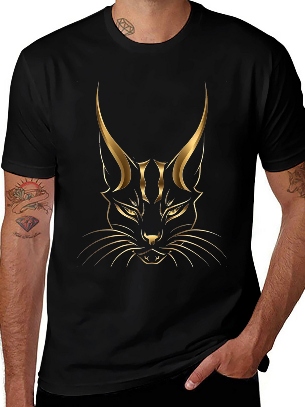 Black T-shirt with Golden Cat Graphic