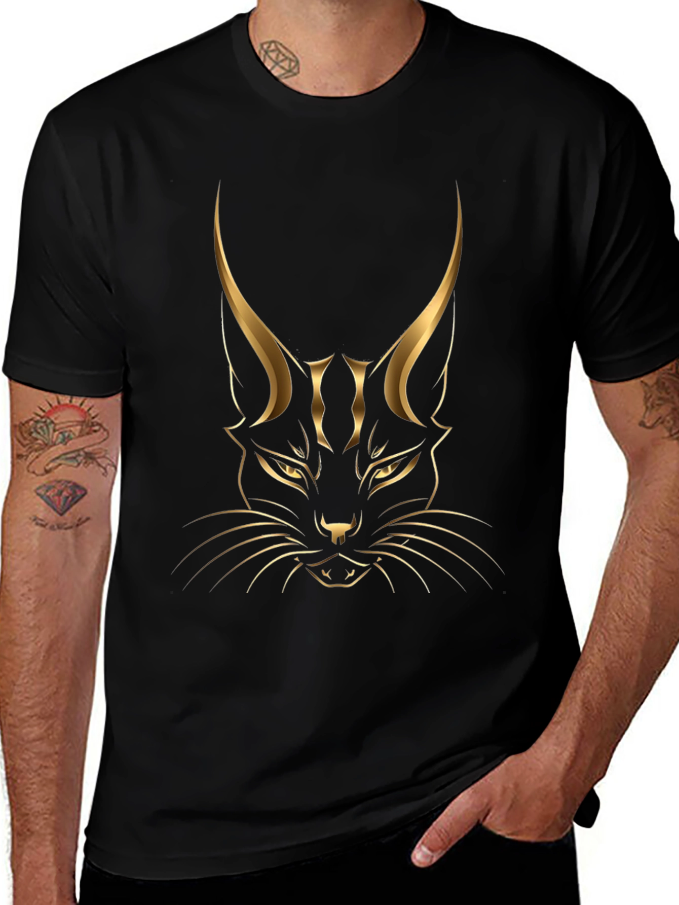 Black T-shirt with Golden Cat Graphic