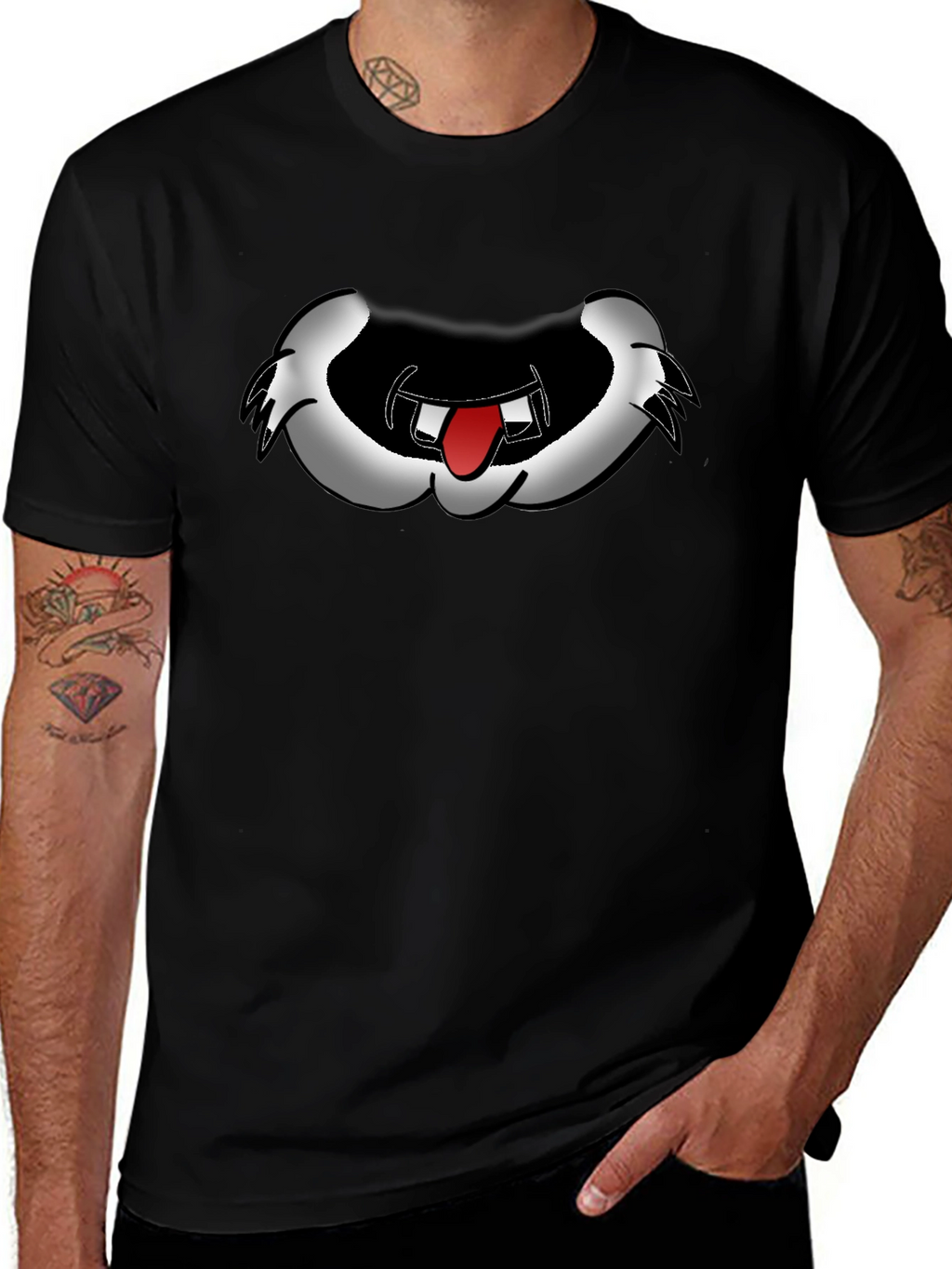 Cartoon Mouth Graphic Tee - Black Cotton Blend