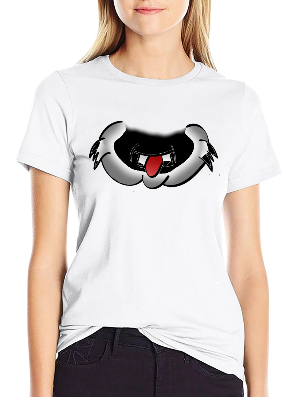 Cartoon Mouth Graphic Tee - Black Cotton Blend