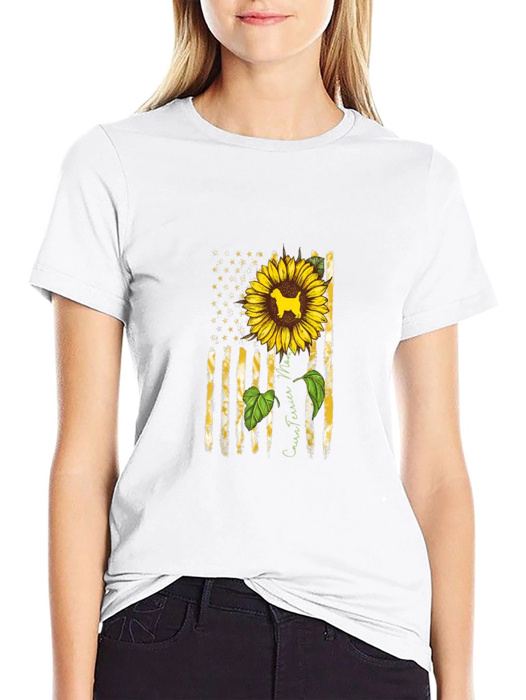 Cairn Terrier Sunflower American Flag T-Shirt