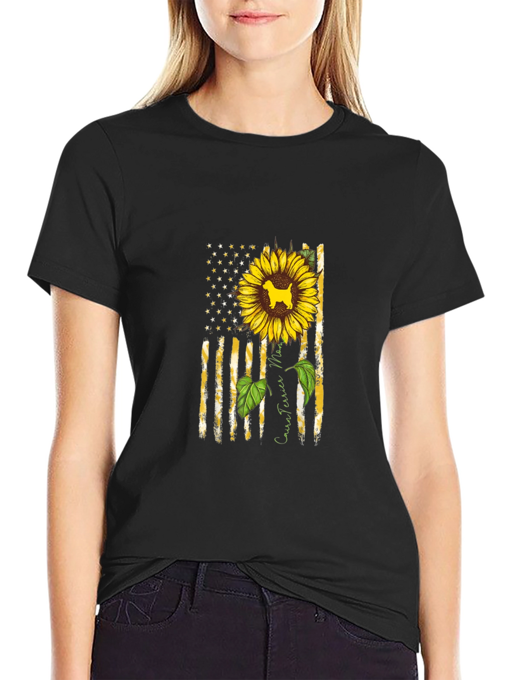 Cairn Terrier Sunflower American Flag T-Shirt