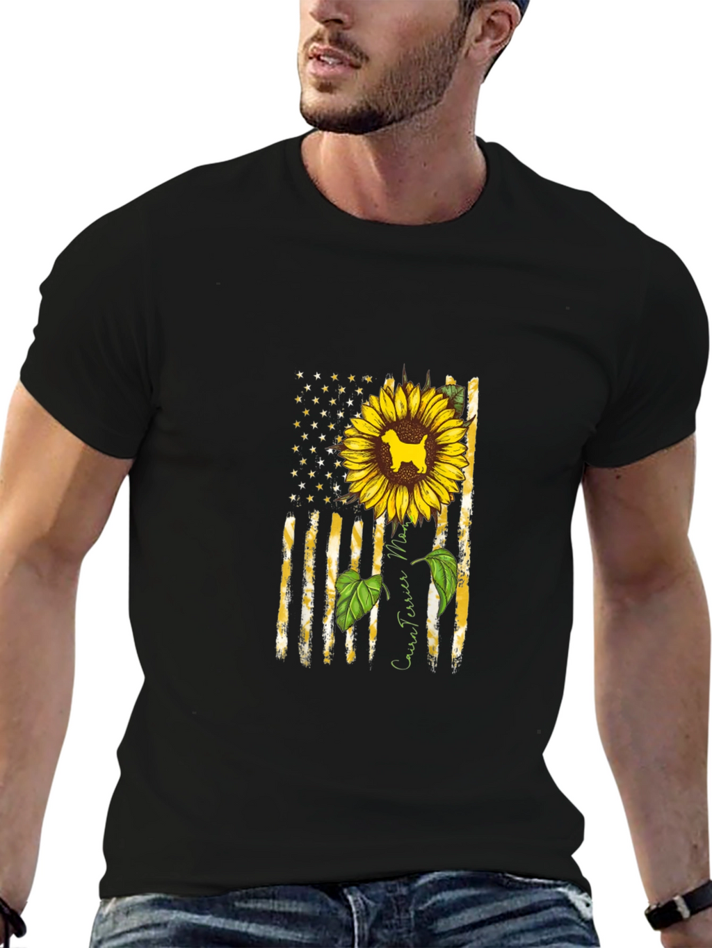 Cairn Terrier Sunflower American Flag T-Shirt