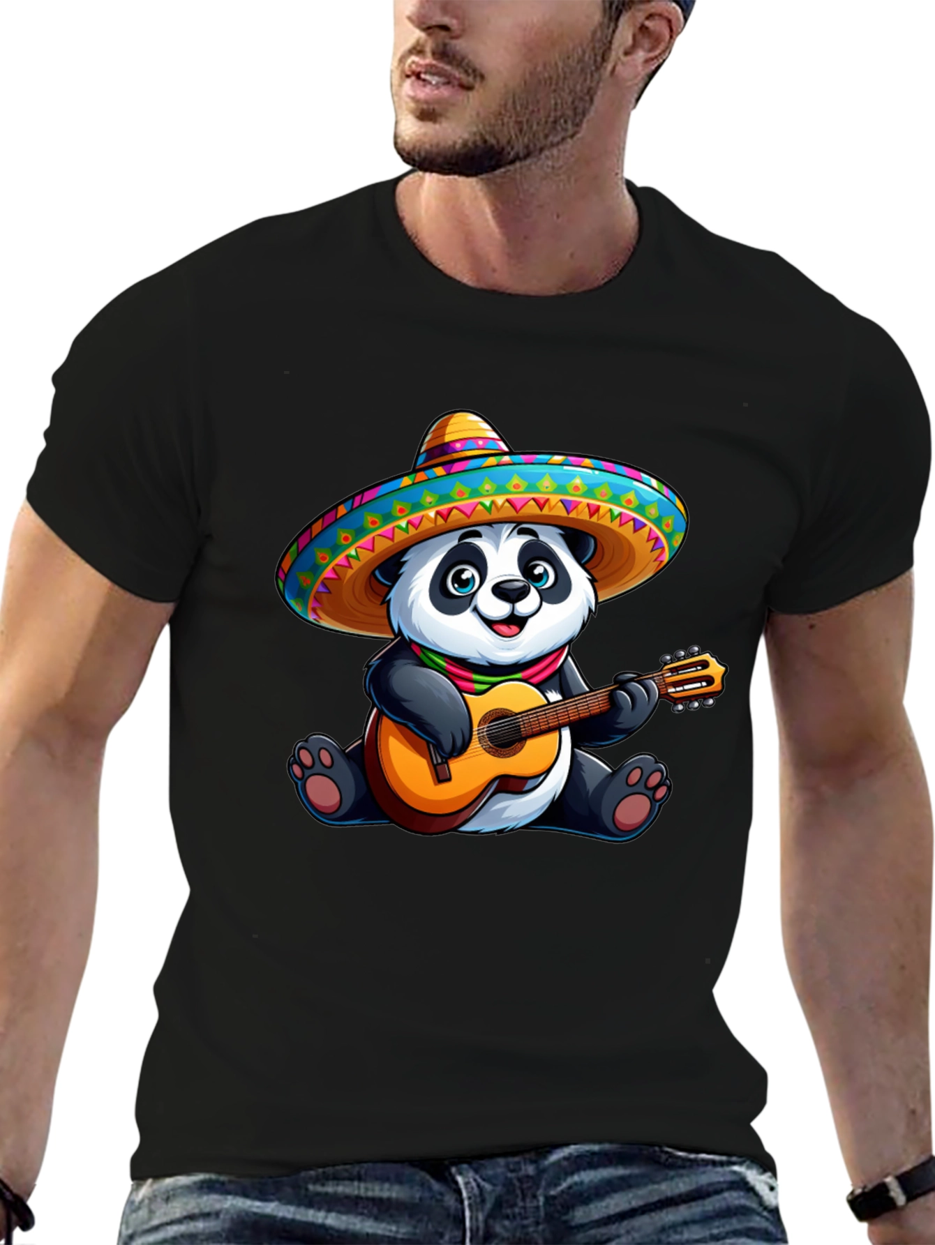 Panda Guitarist Graphic Tee - Black Cotton T-Shirt