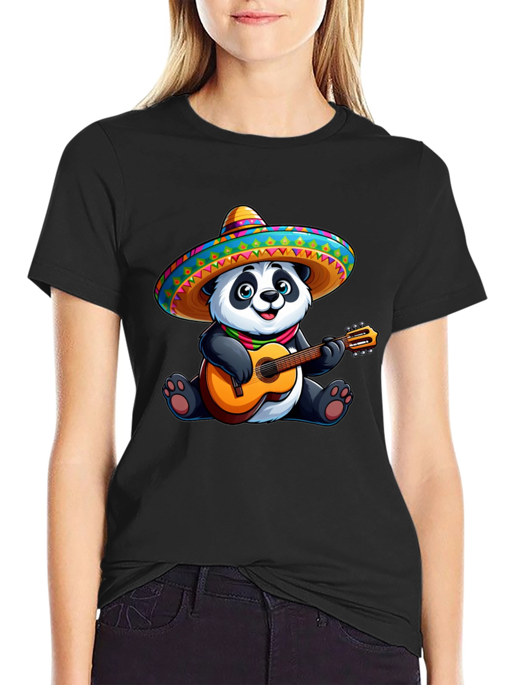 Panda Guitarist Graphic Tee - Black Cotton T-Shirt