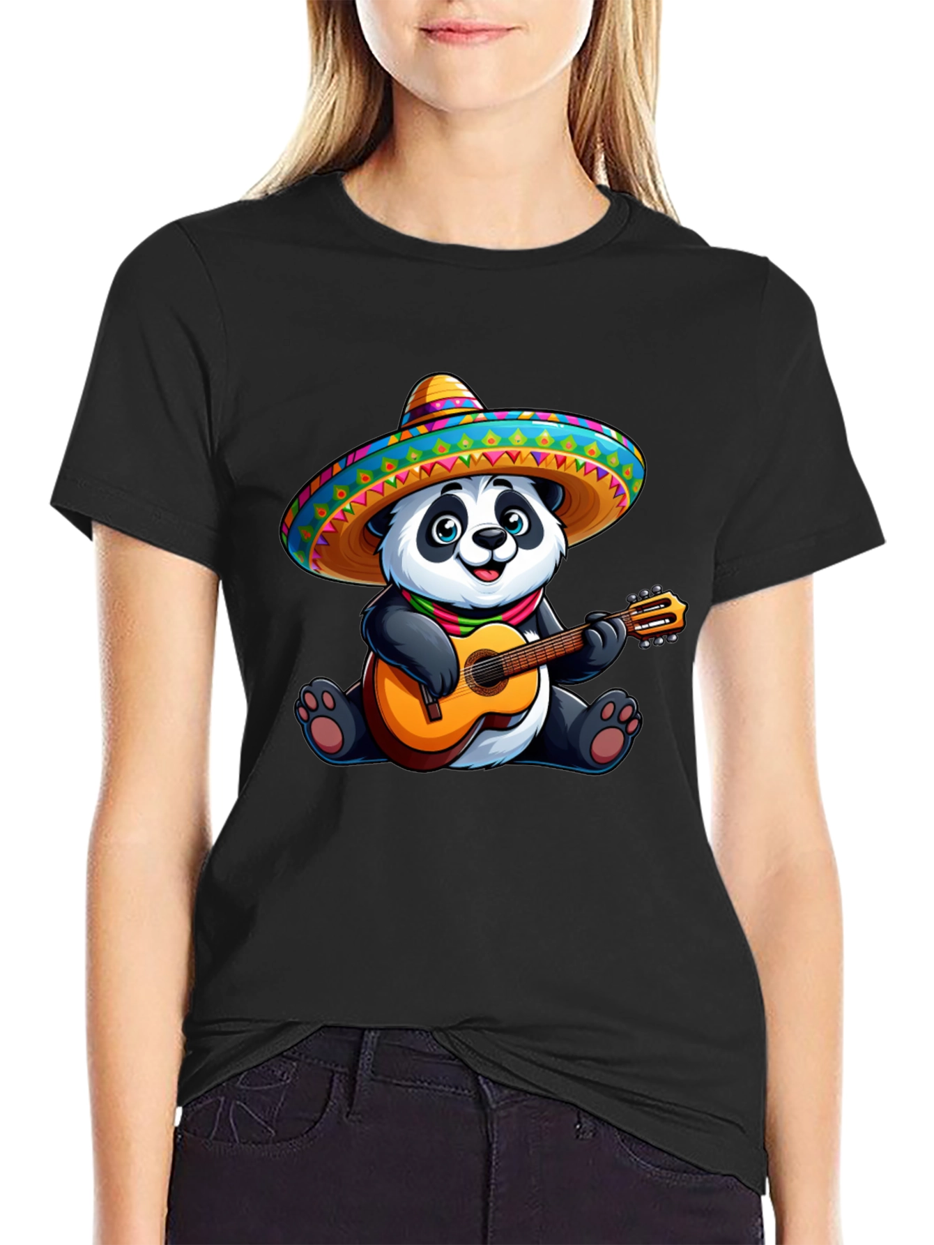 Panda Guitarist Graphic Tee - Black Cotton T-Shirt