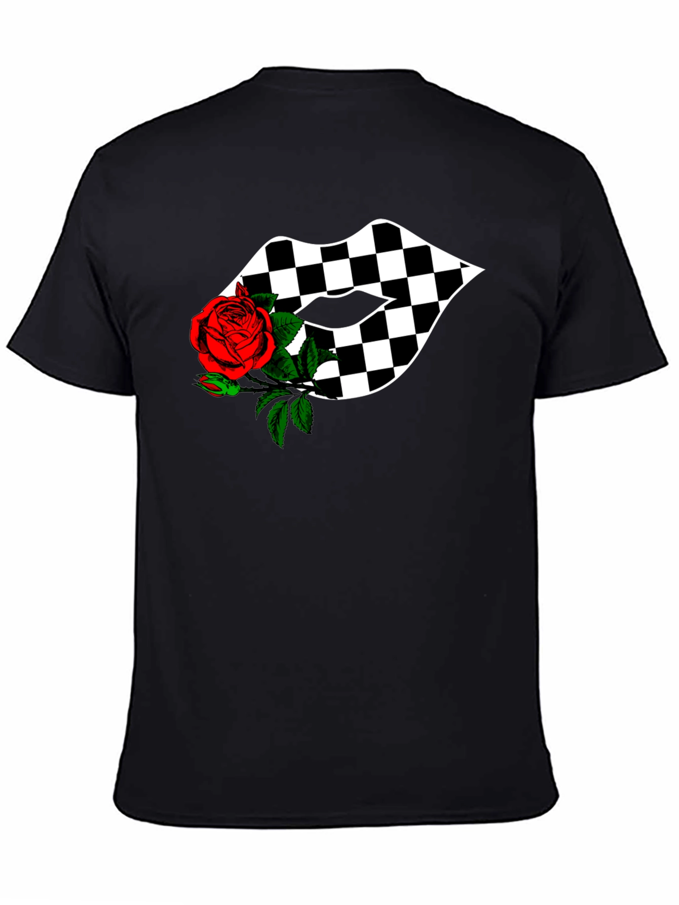 Checkered Lips with Rose Graphic Tee - Stylish Unisex Shirt