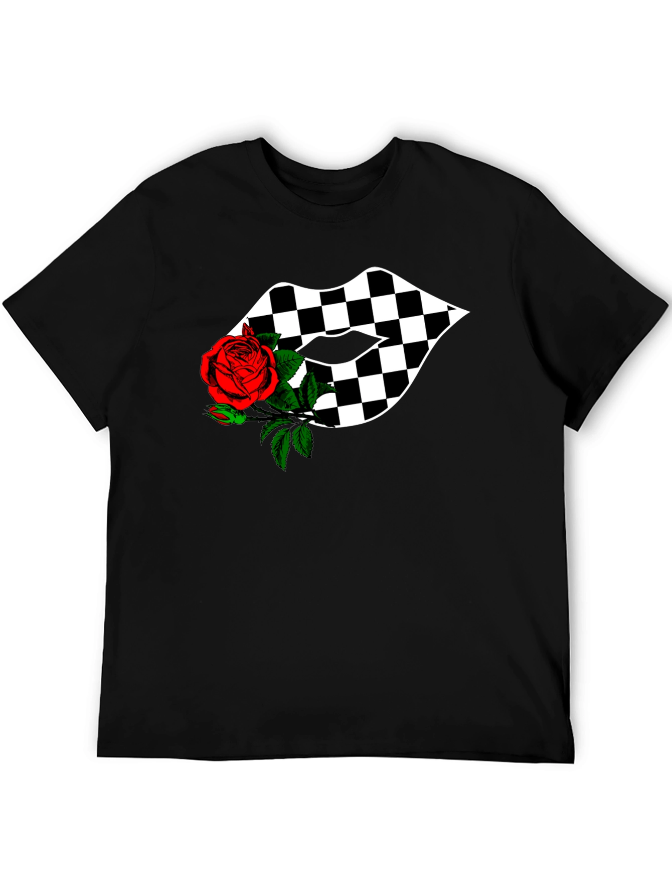 Checkered Lips with Rose Graphic Tee - Stylish Unisex Shirt