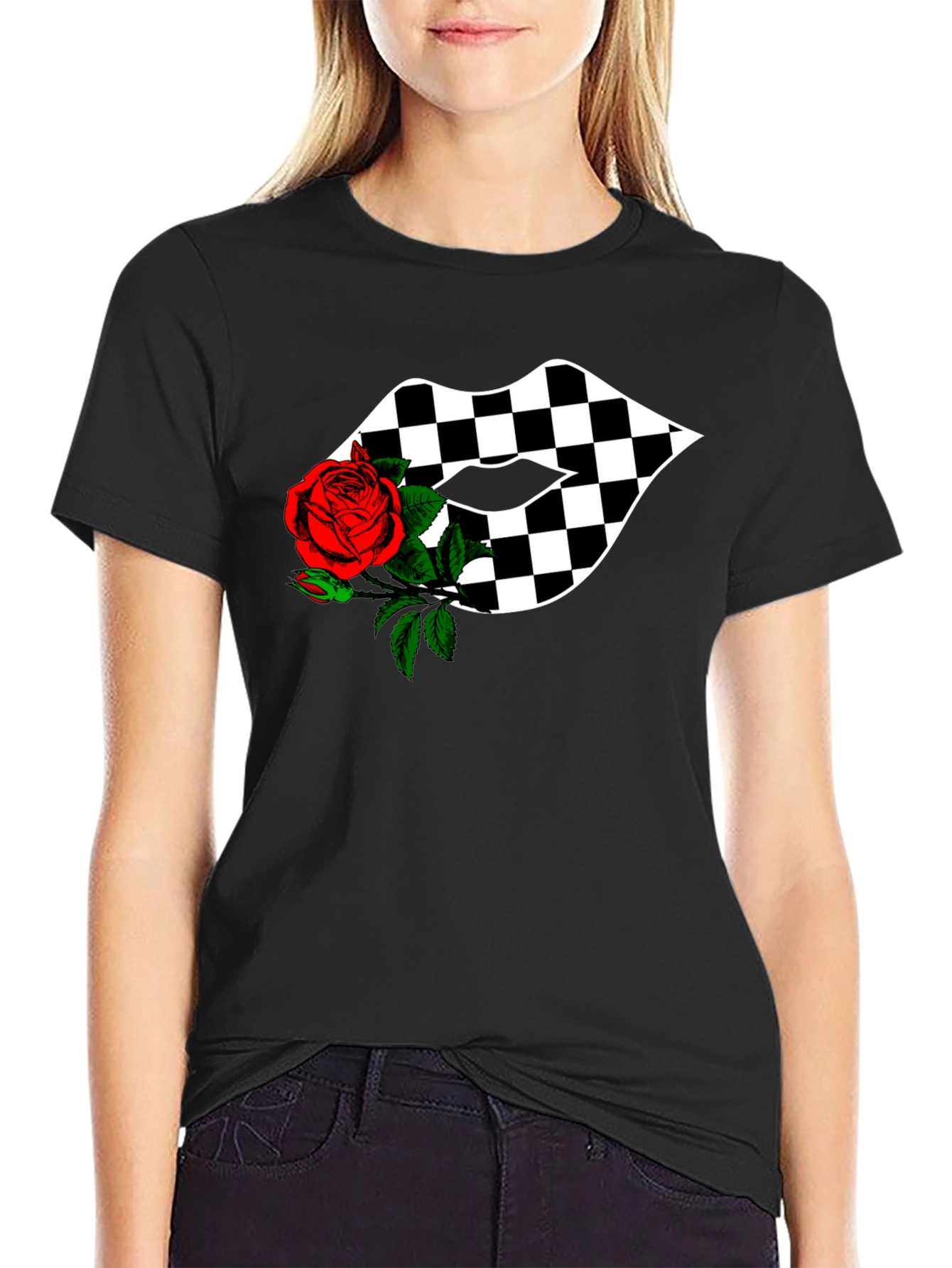 Checkered Lips with Rose Graphic Tee - Stylish Unisex Shirt