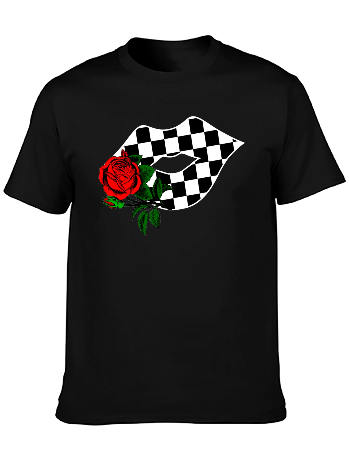 Checkered Lips with Rose Graphic Tee - Stylish Unisex Shirt