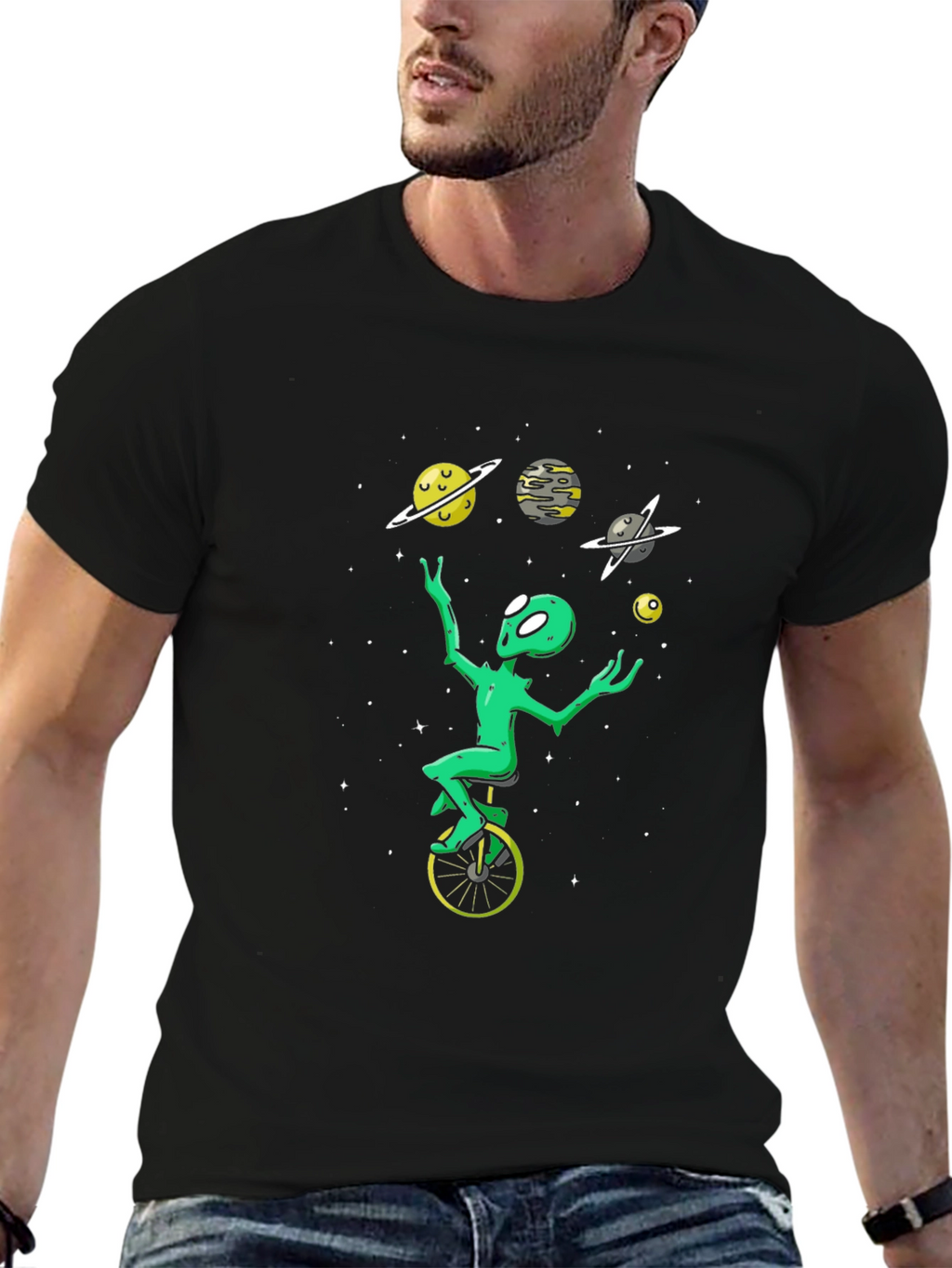 Alien Juggling Planets Graphic Tee