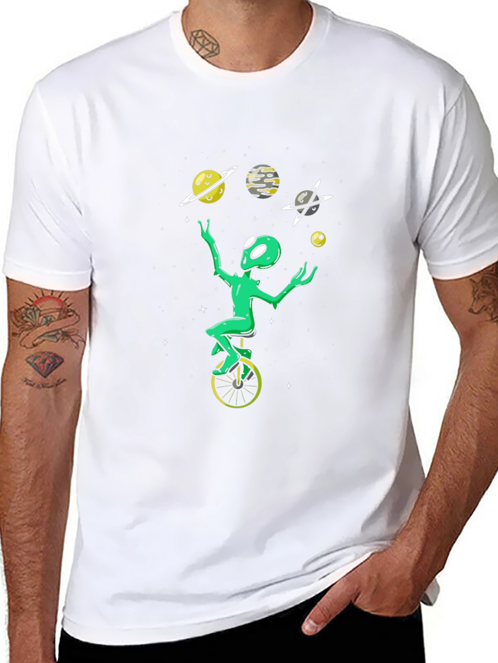 Alien Juggling Planets Graphic Tee