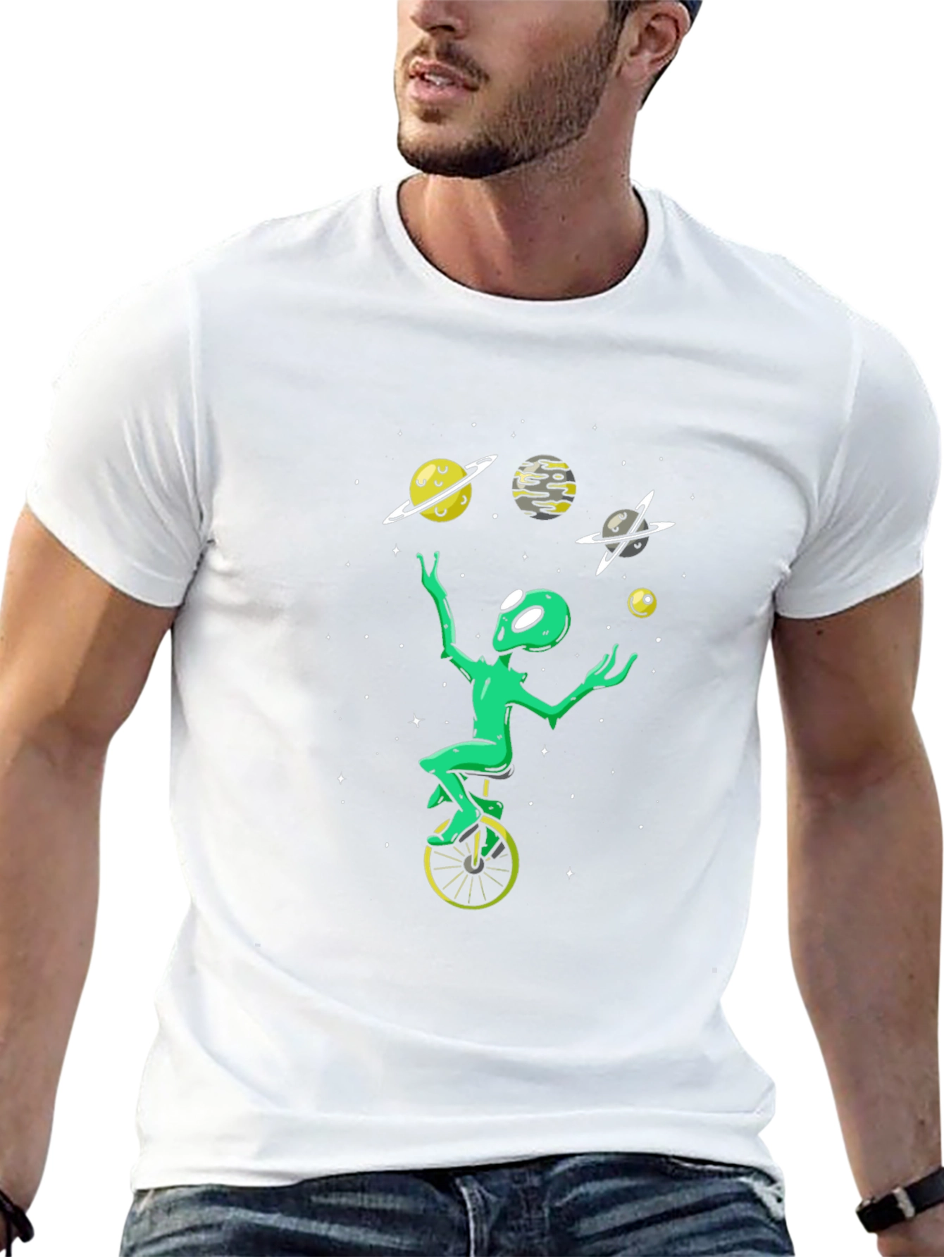 Alien Juggling Planets Graphic Tee