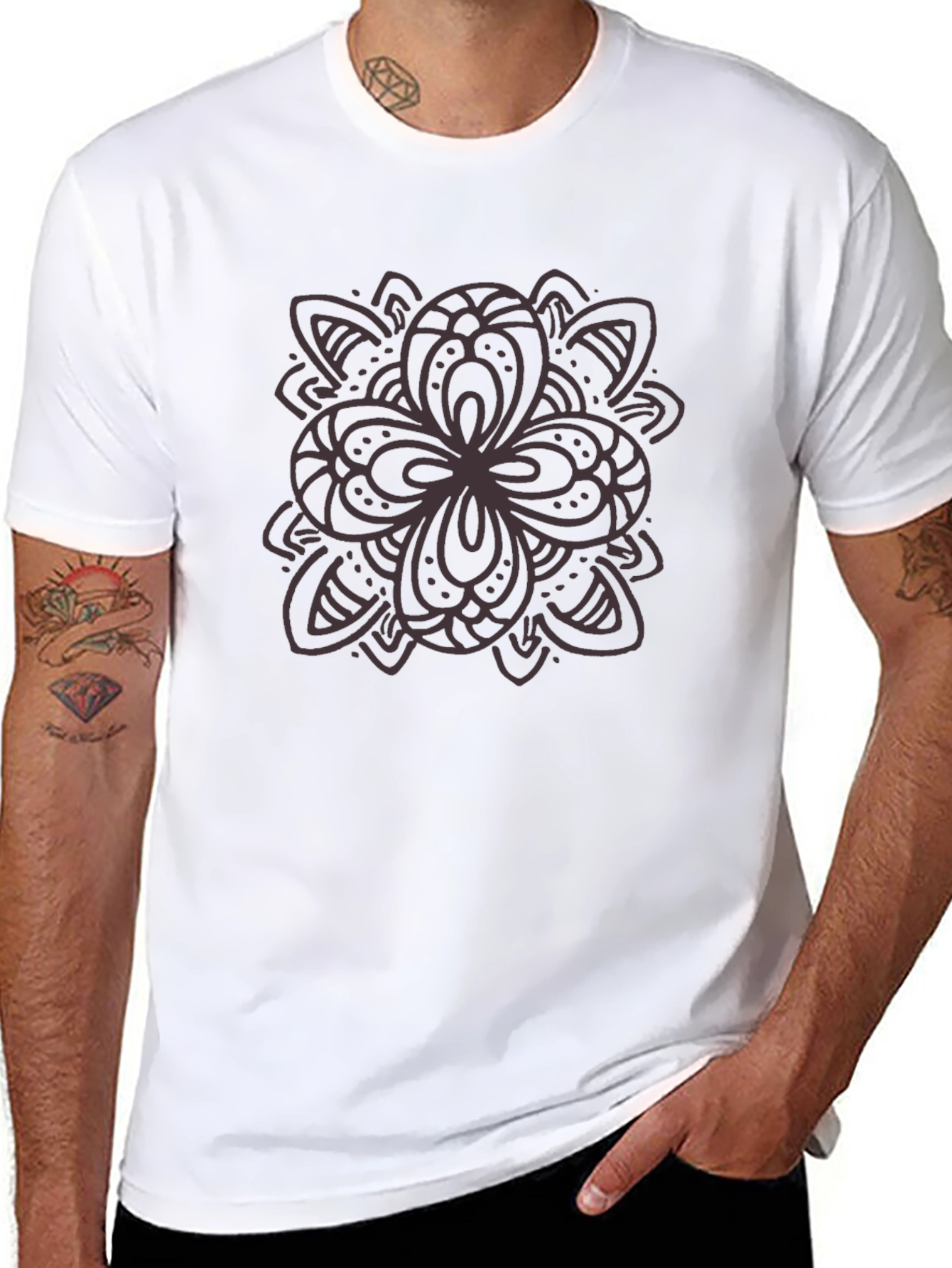 Black Graphic Tee - Floral Mandala Design