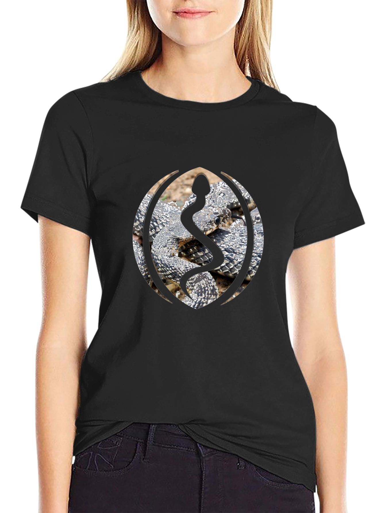 Snake Design Black Cotton T-Shirt