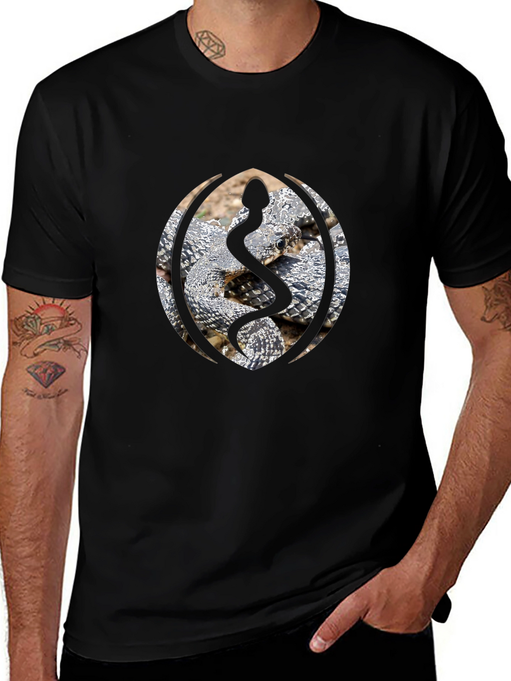 Snake Design Black Cotton T-Shirt