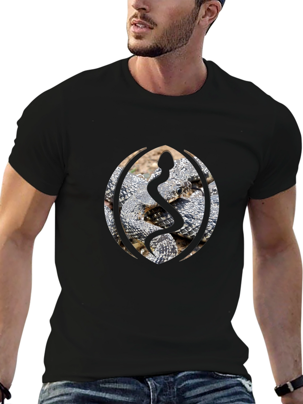 Snake Design Black Cotton T-Shirt