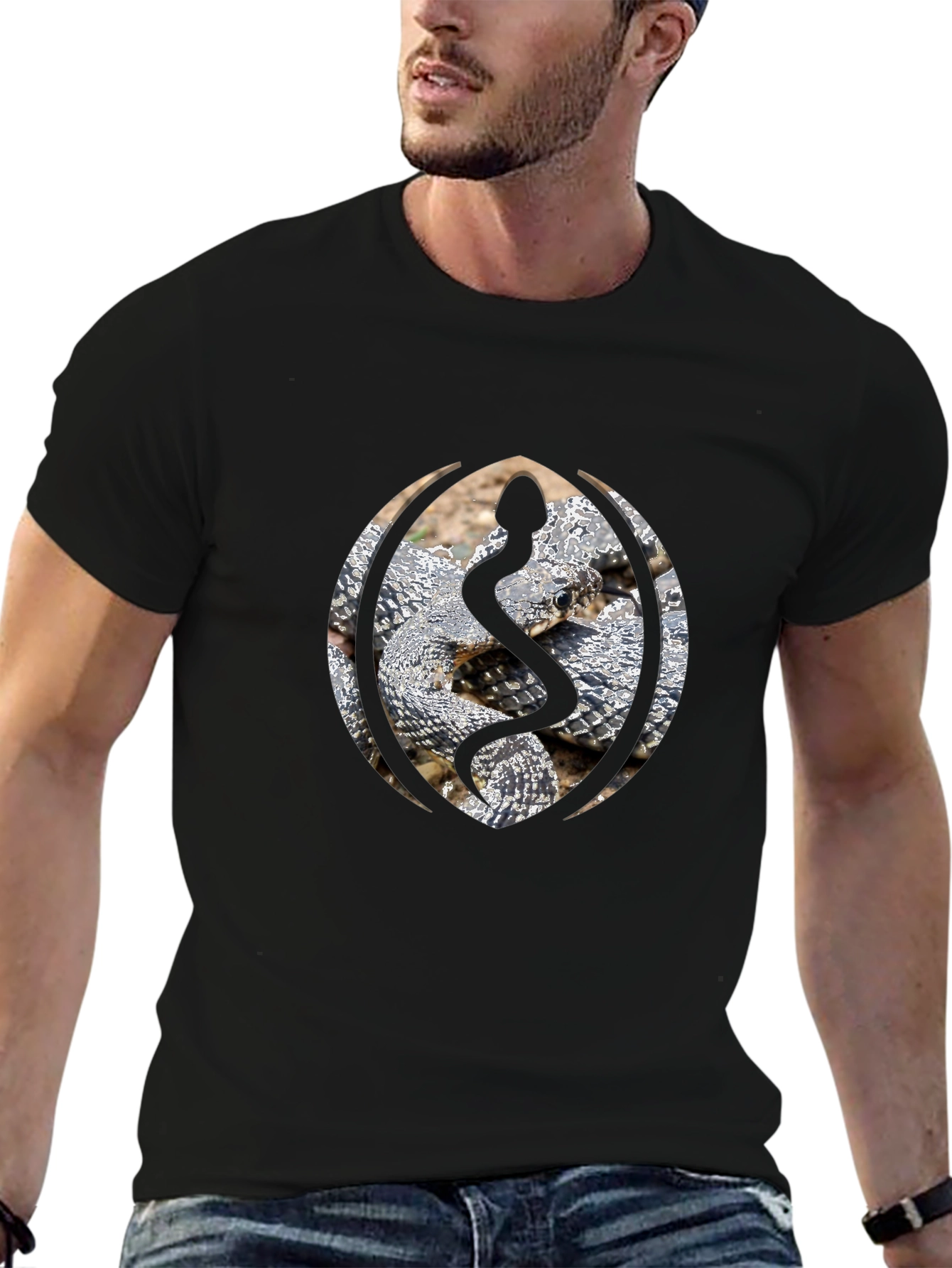 Snake Design Black Cotton T-Shirt