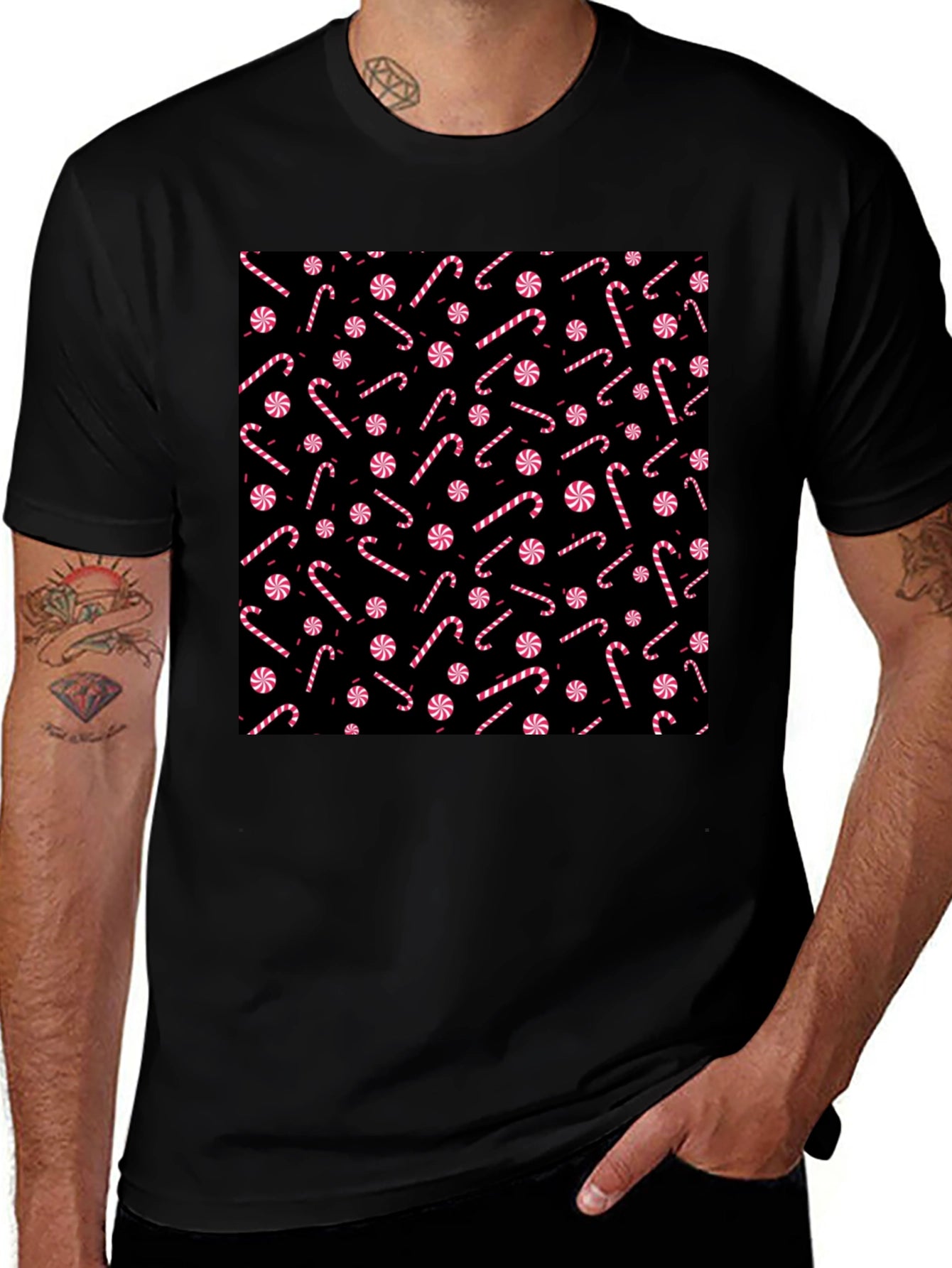 Candy Cane Pattern Black T-Shirt