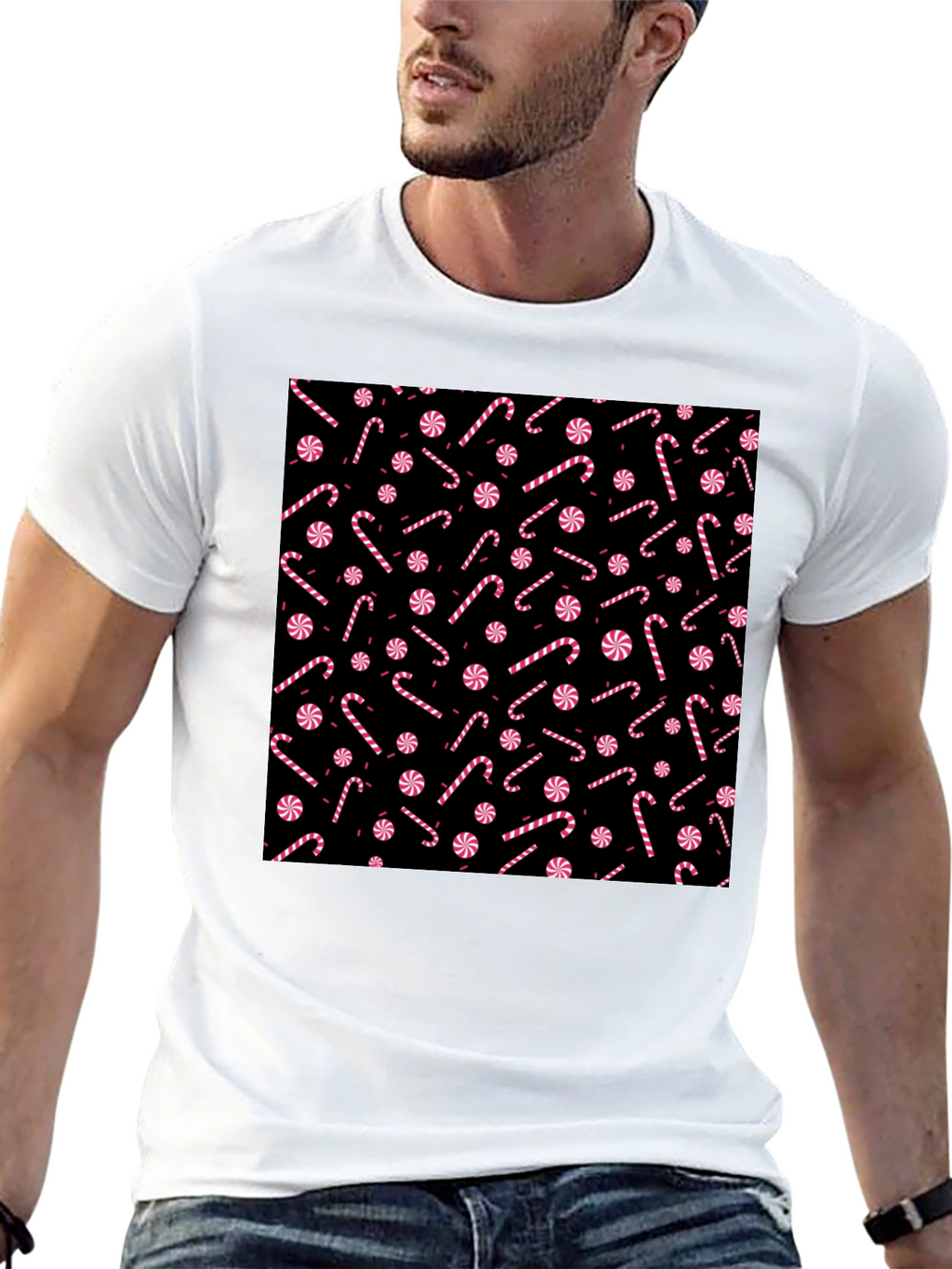 Candy Cane Pattern Black T-Shirt