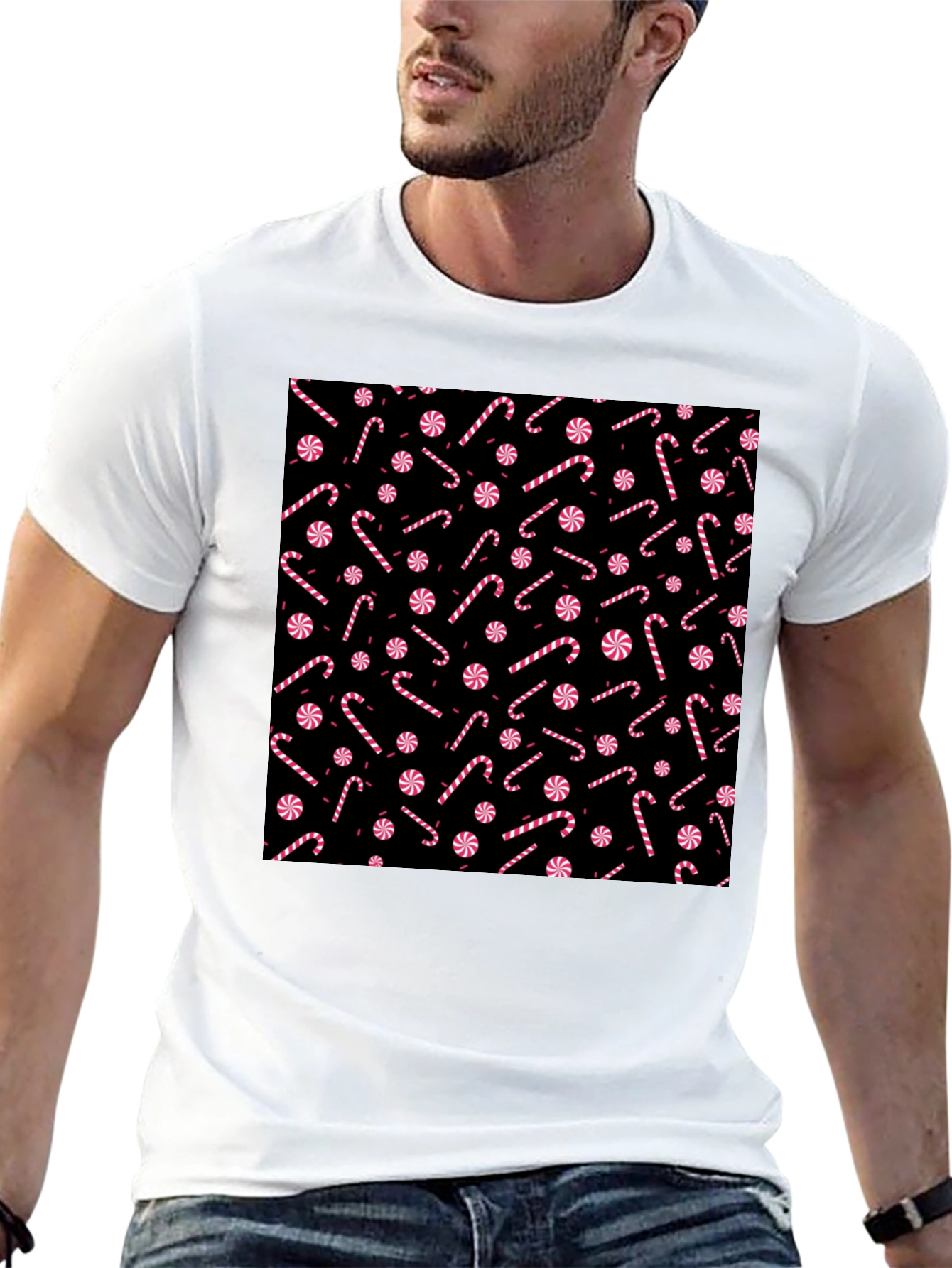 Candy Cane Pattern Black T-Shirt