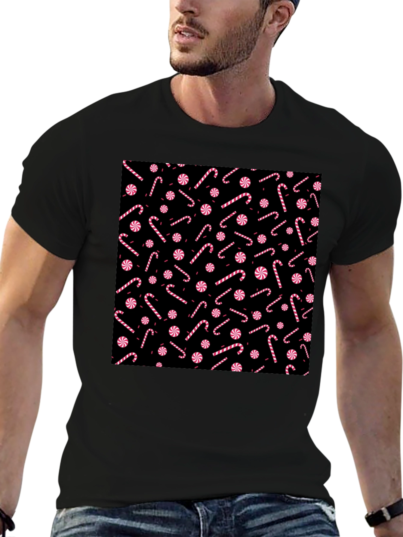 Candy Cane Pattern Black T-Shirt