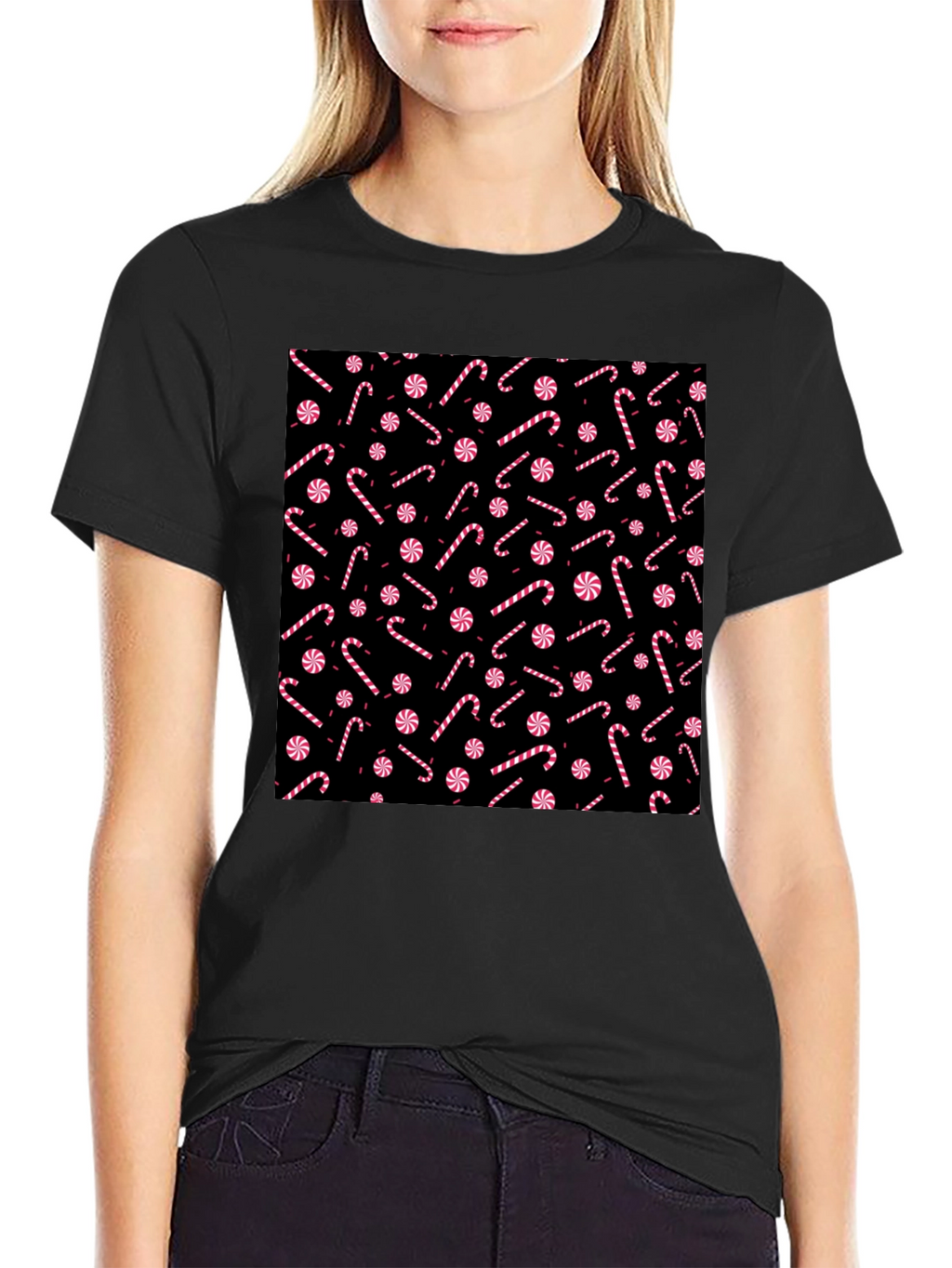 Candy Cane Pattern Black T-Shirt