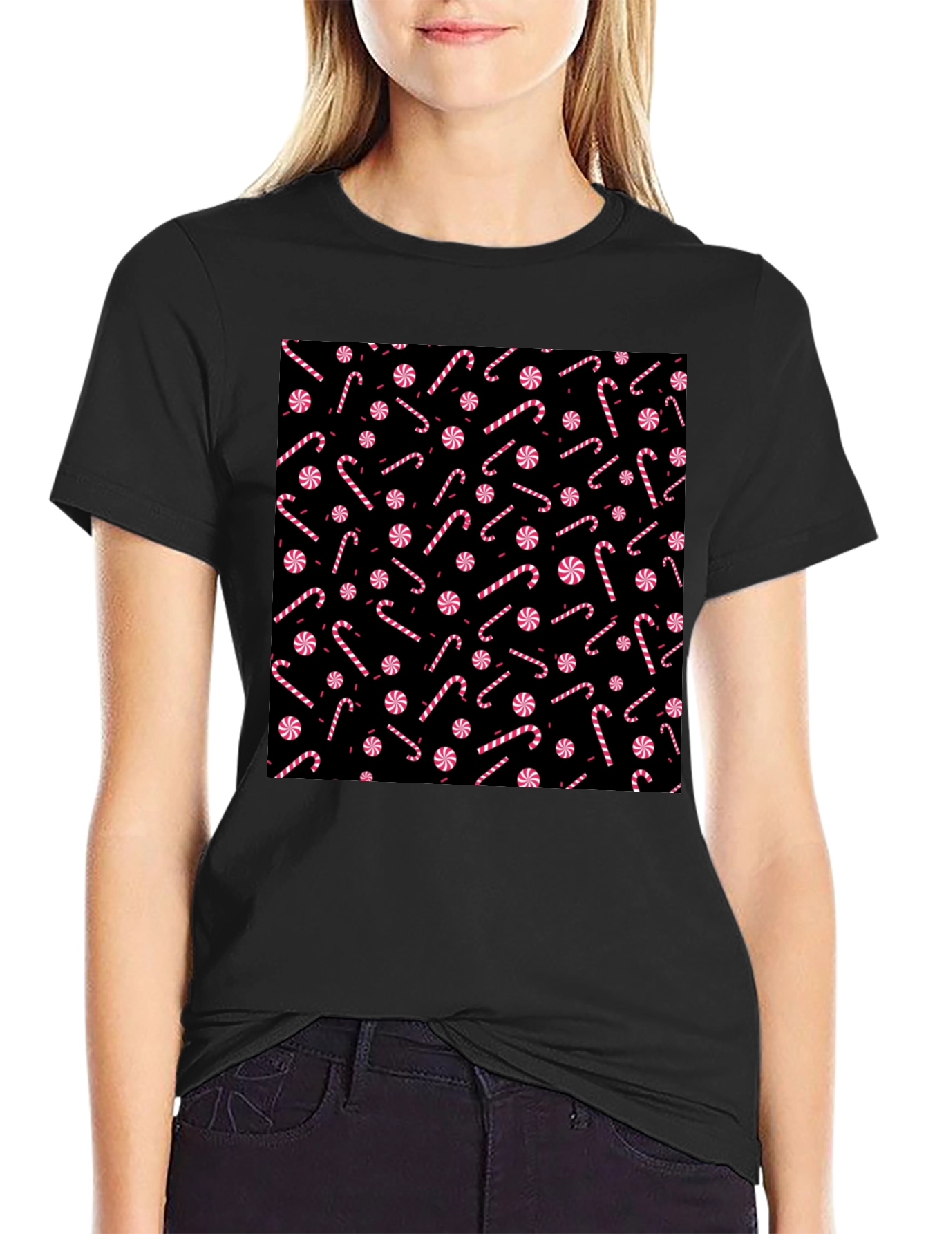 Candy Cane Pattern Black T-Shirt