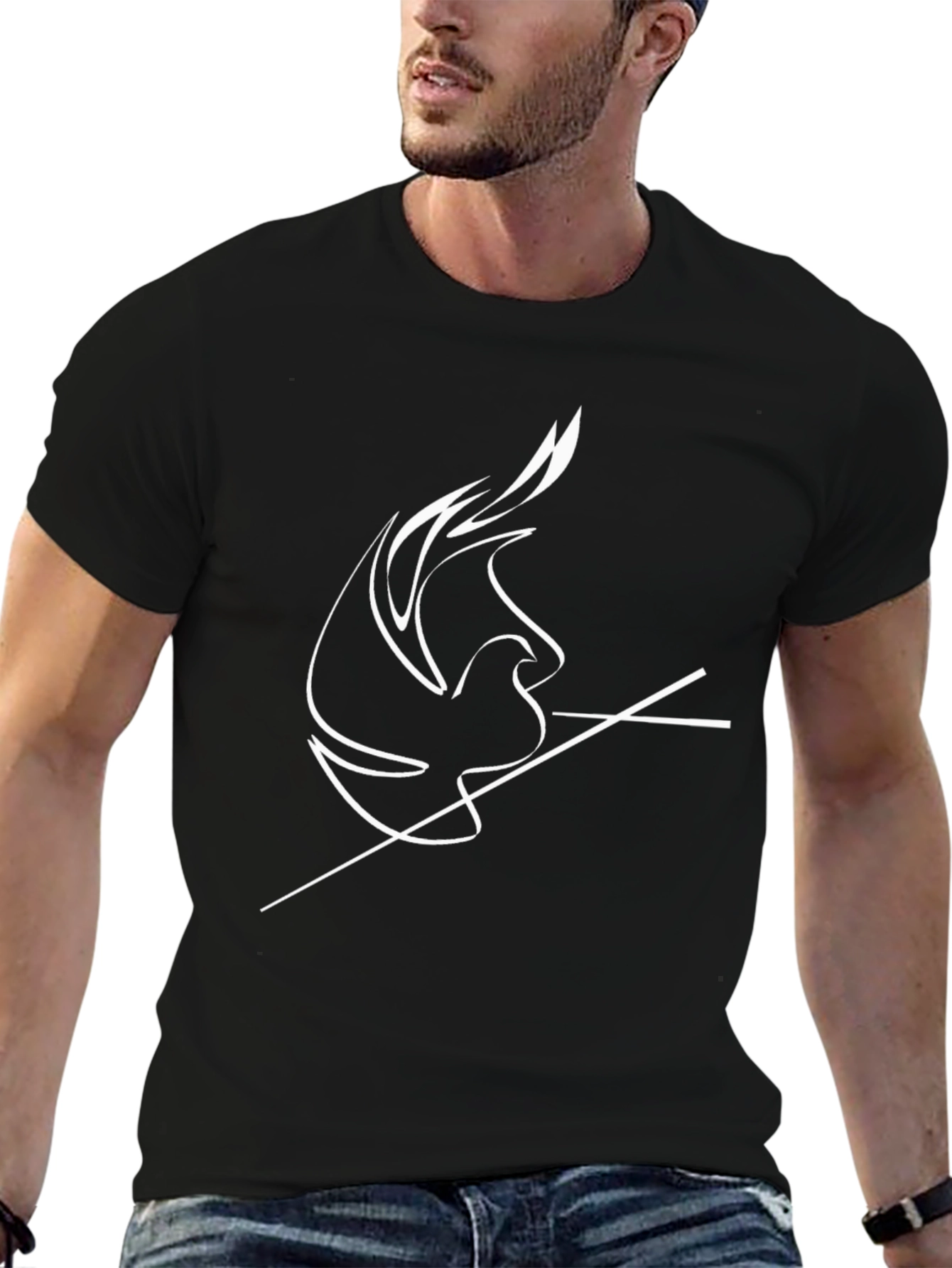 Minimalist Dove Line Art Black T-Shirt