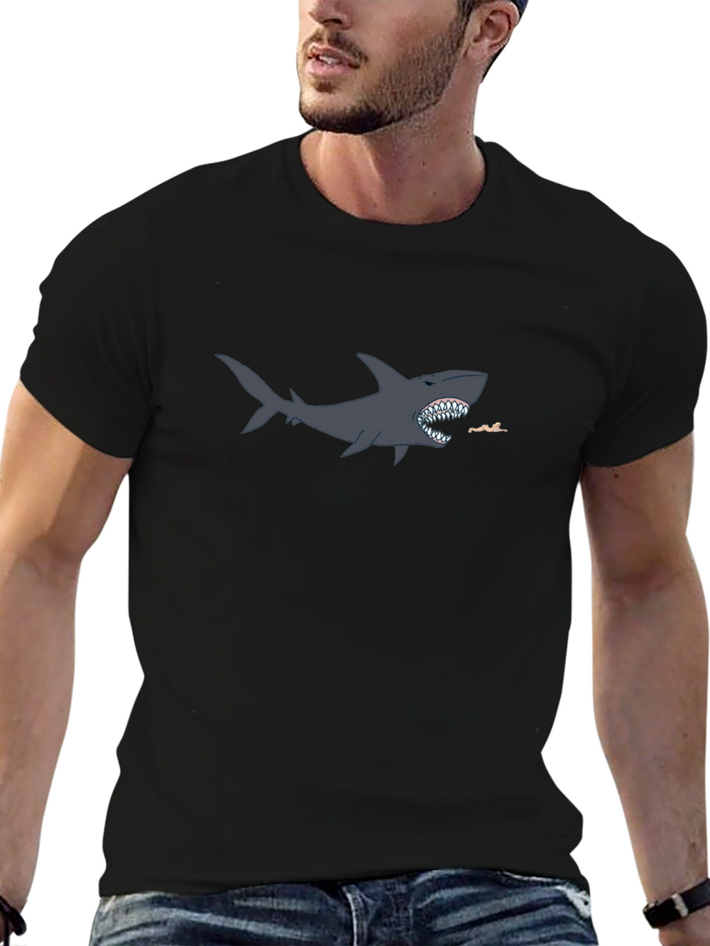 Shark Attack Graphic T-Shirt - Black Cotton Blend