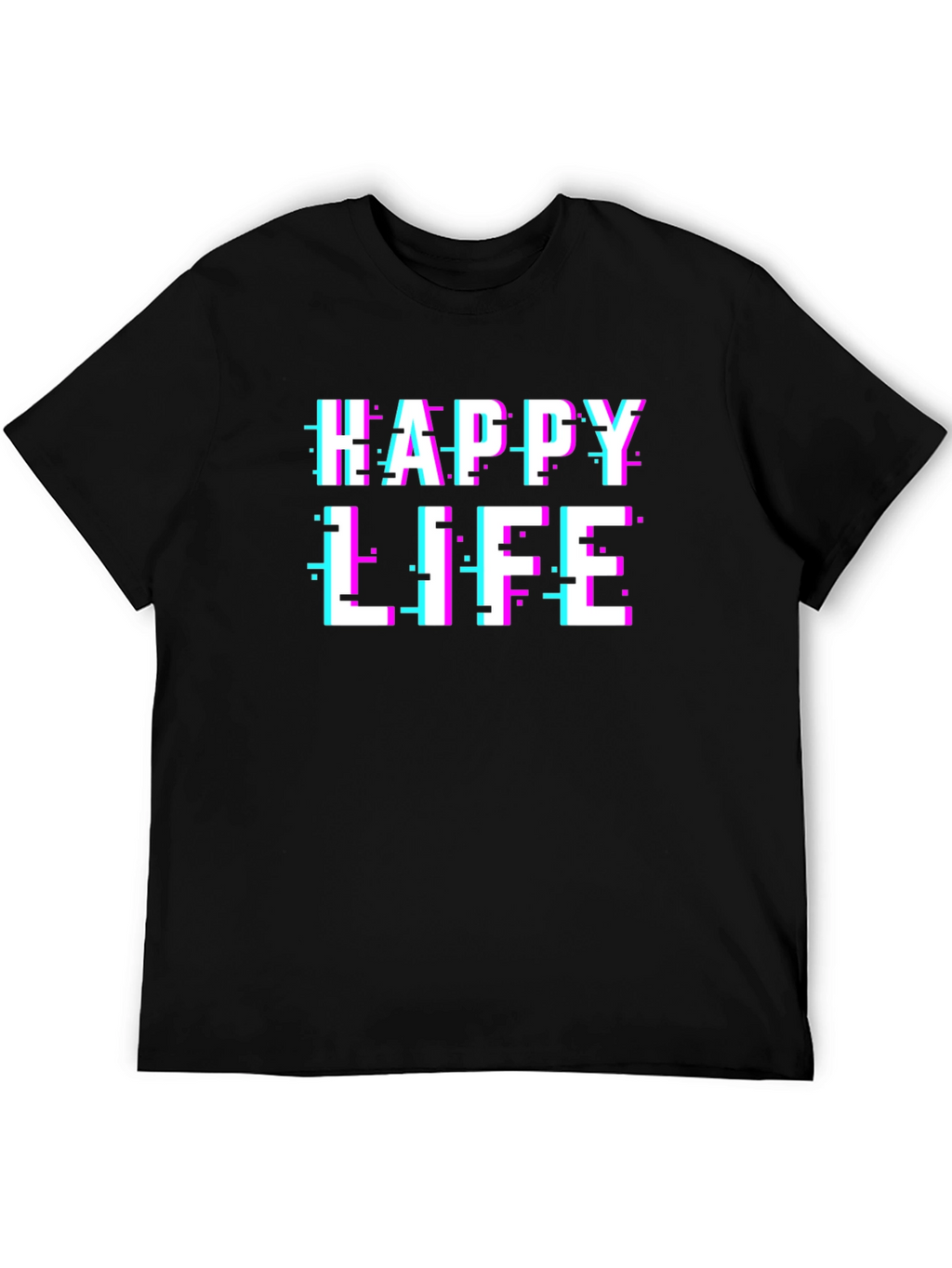 Happy Life Glitch Graphic Black T-Shirt