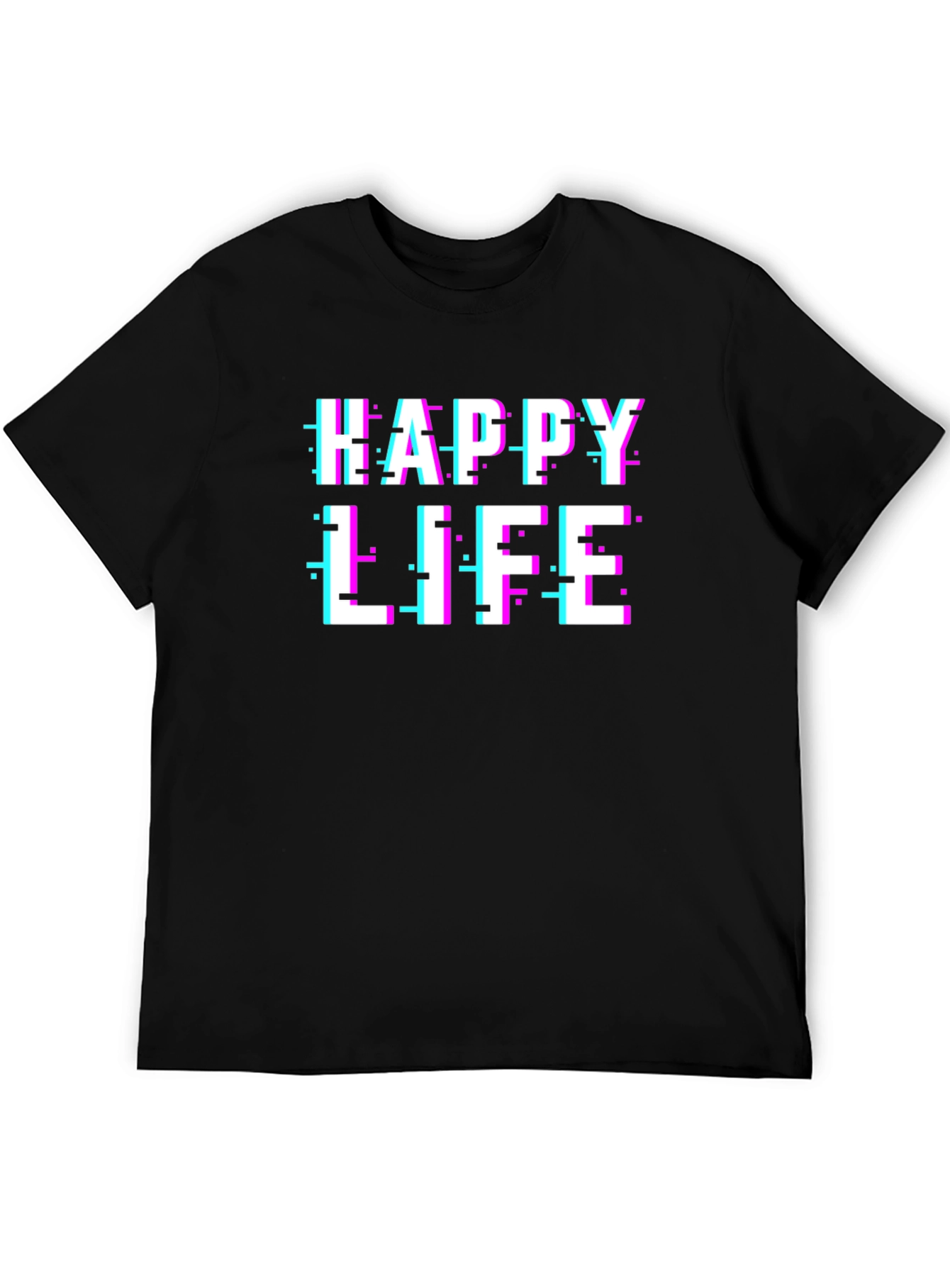 Happy Life Glitch Graphic Black T-Shirt