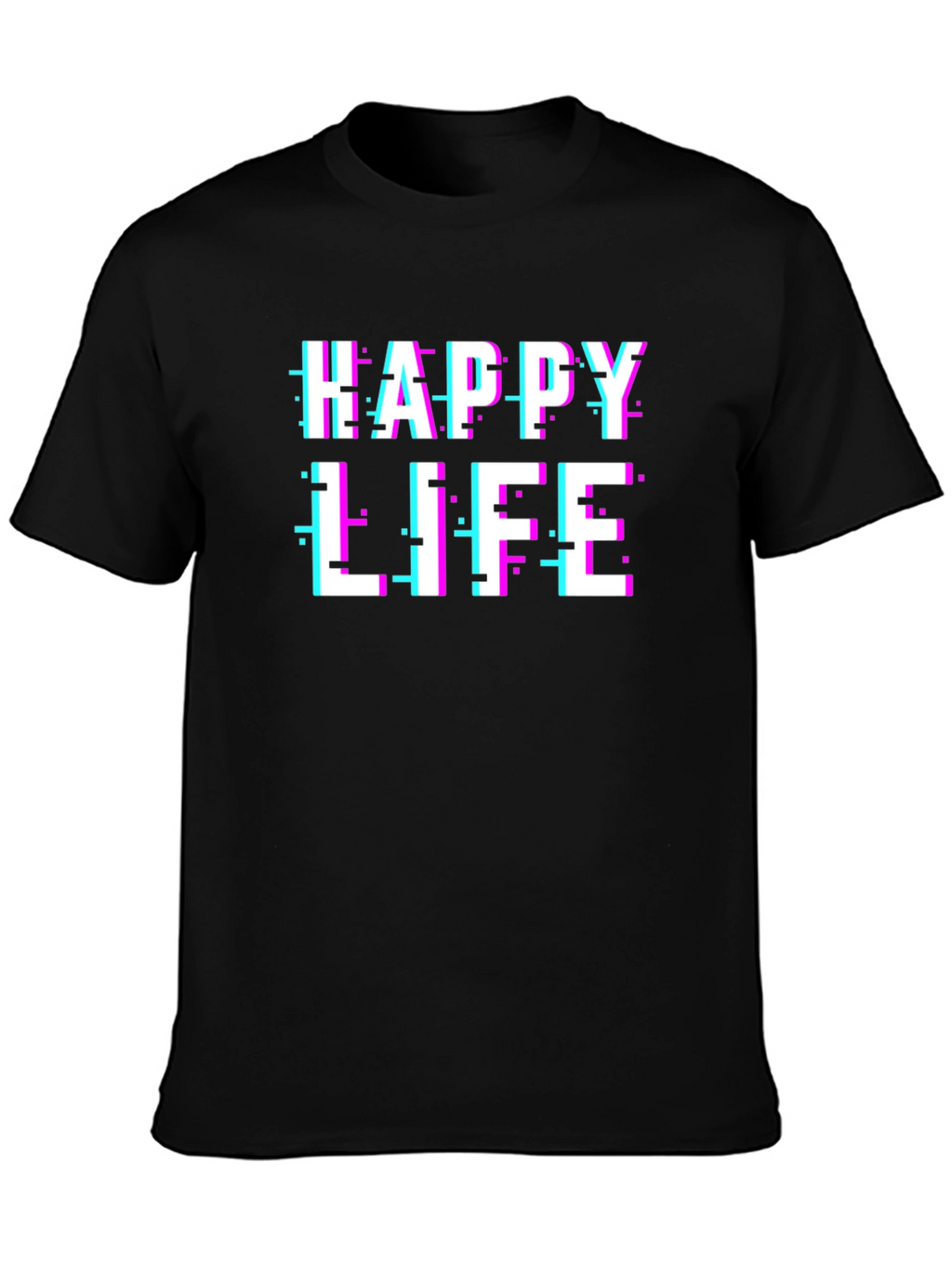Happy Life Glitch Graphic Black T-Shirt
