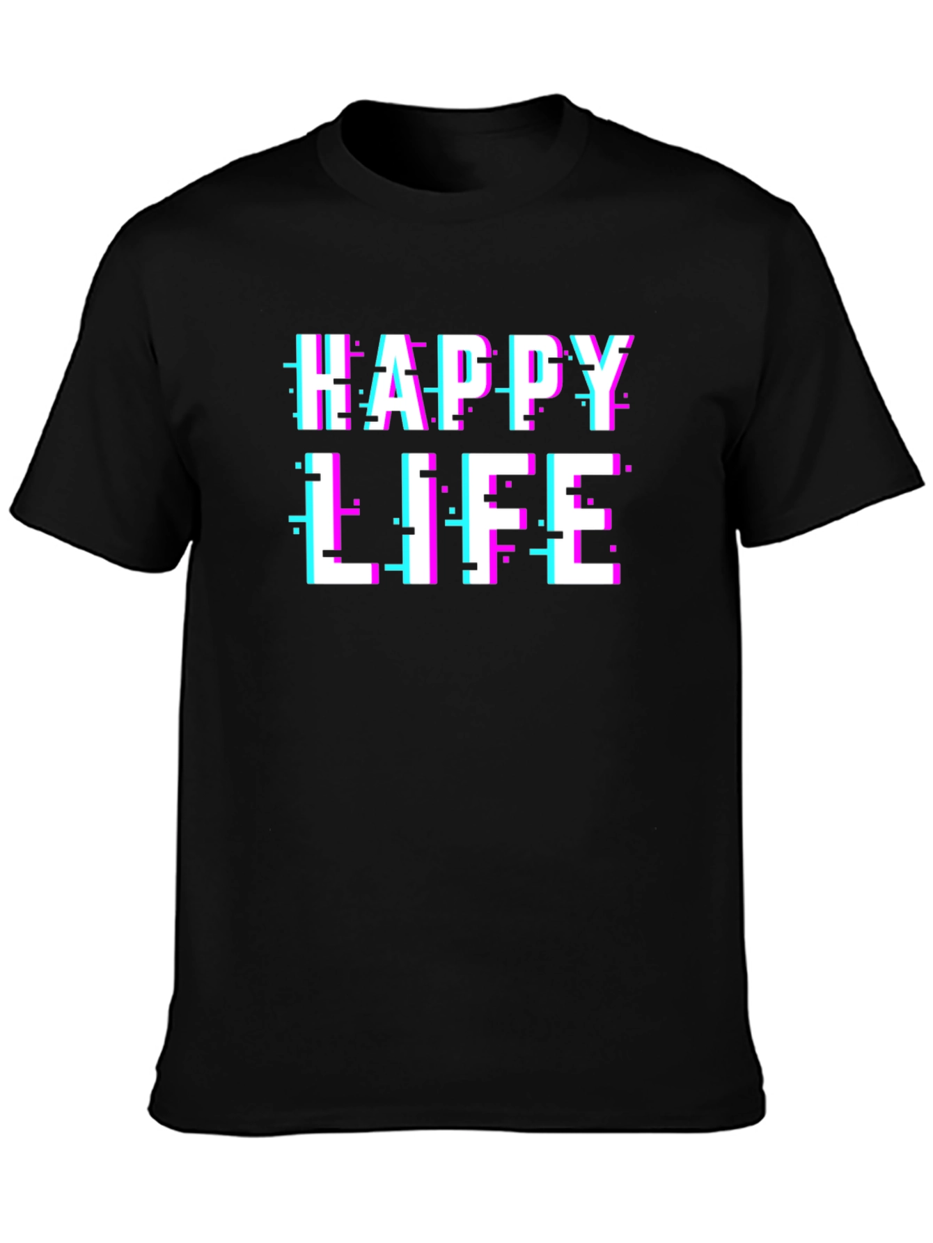 Happy Life Glitch Graphic Black T-Shirt
