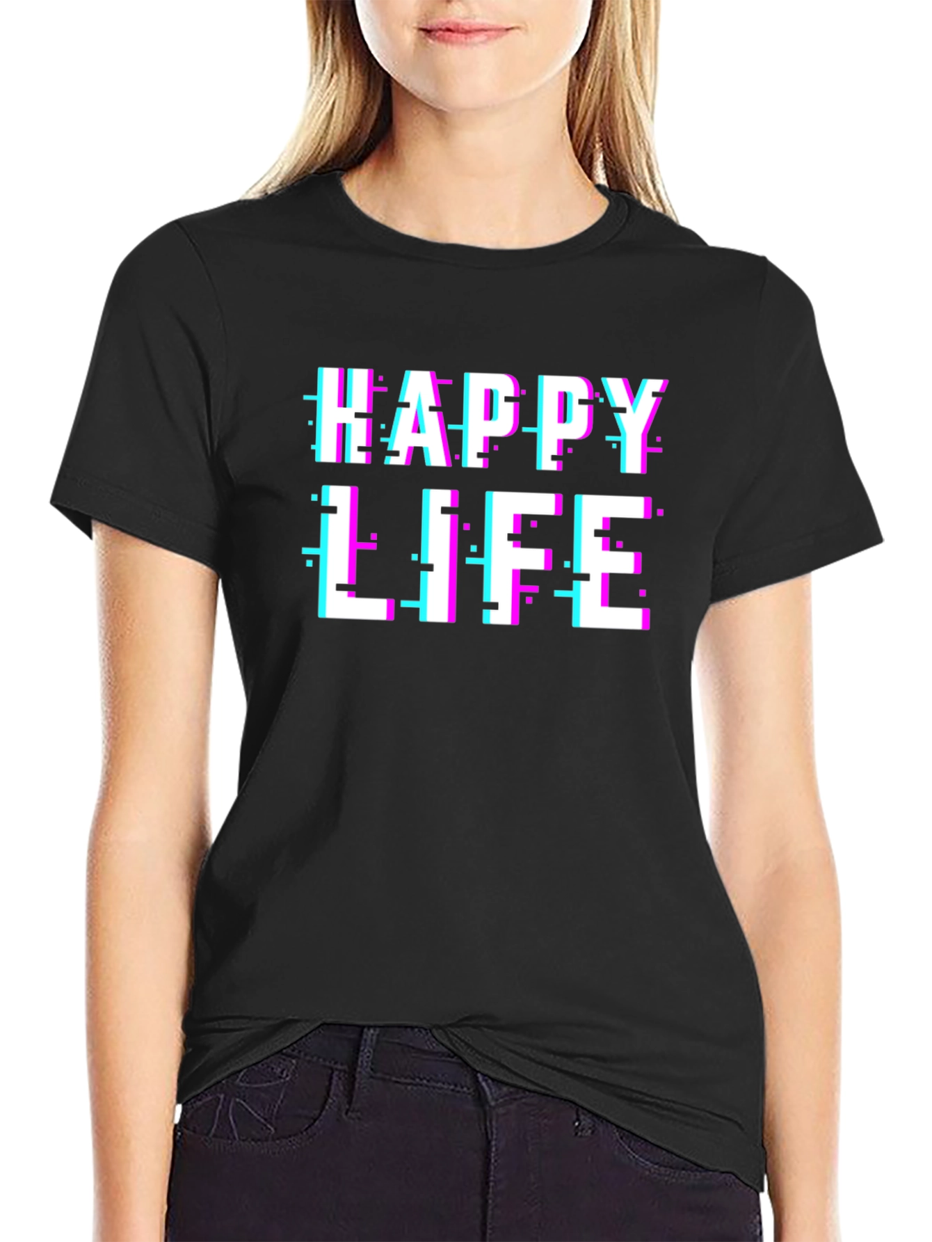 Happy Life Glitch Graphic Black T-Shirt